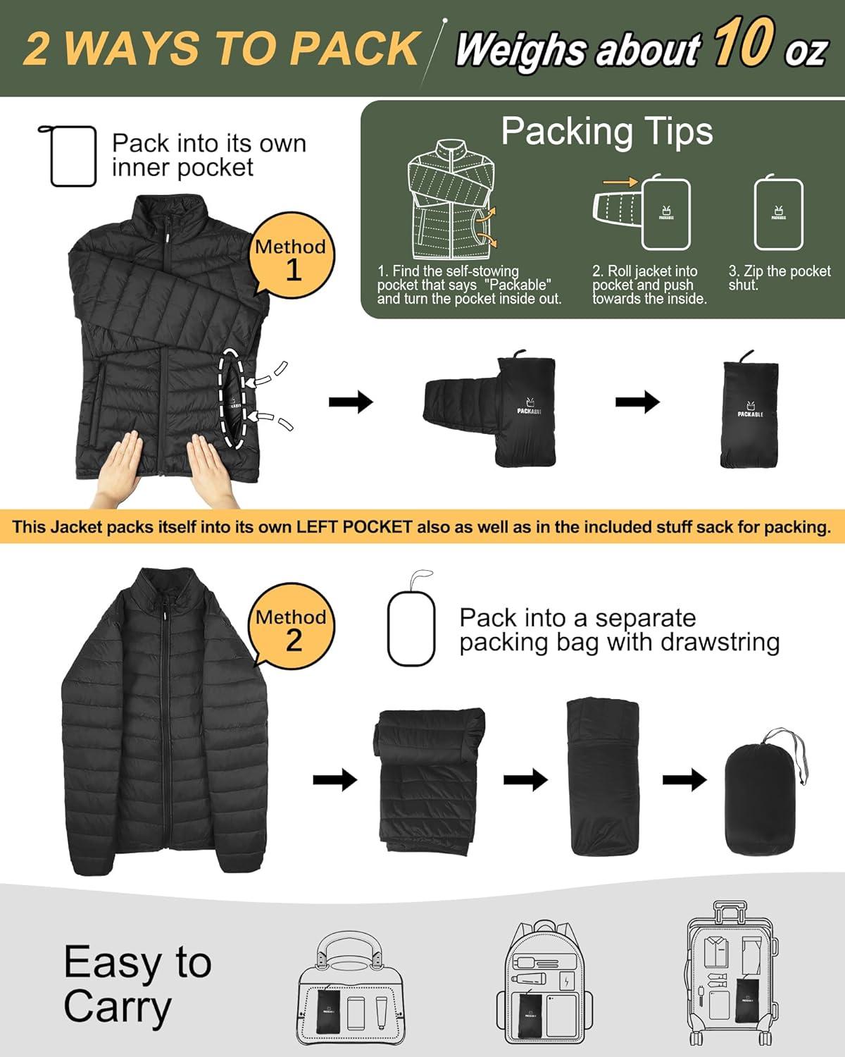 Outdoor Ventures Women’s Packable Full-Zip Short Puffer Jacket Insulated Quilted Warm Lightweight Winter Coat(Black(fold in Pocket))
