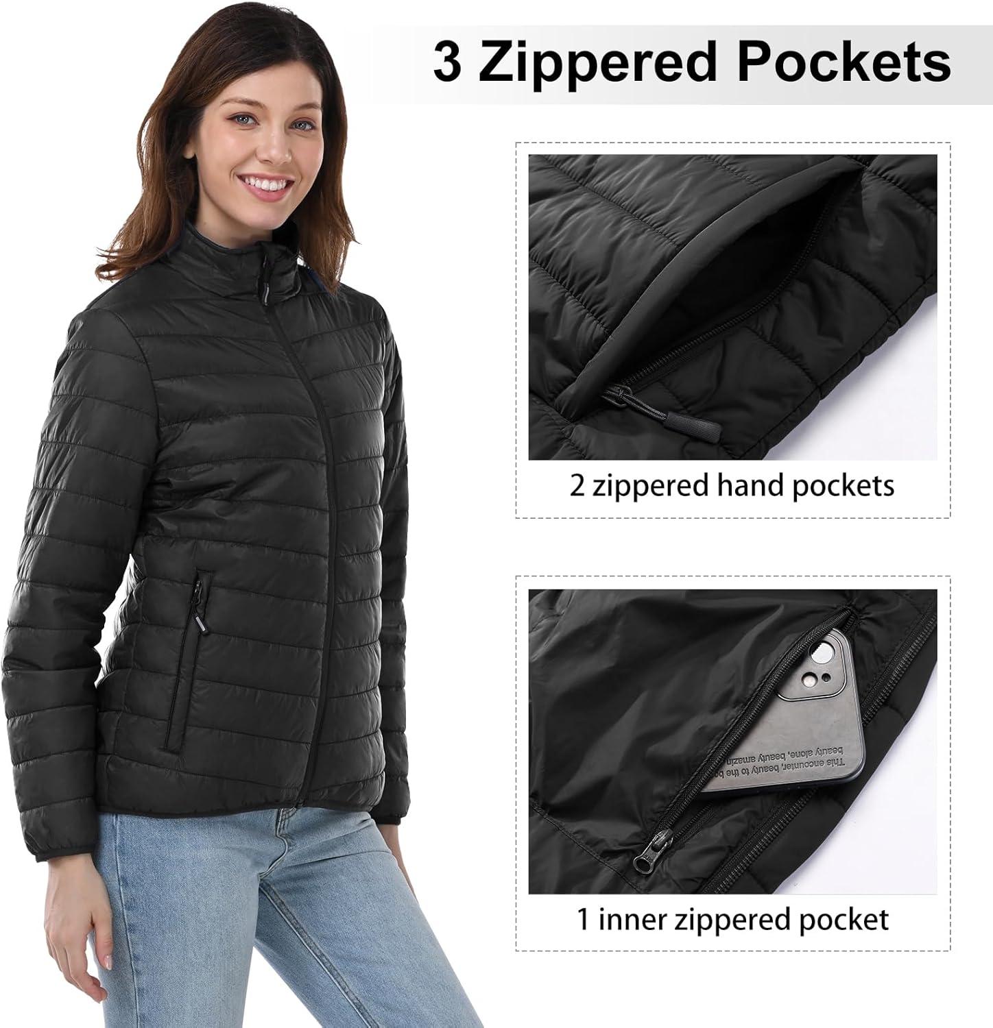Outdoor Ventures Women’s Packable Full-Zip Short Puffer Jacket Insulated Quilted Warm Lightweight Winter Coat(Black(fold in Pocket))