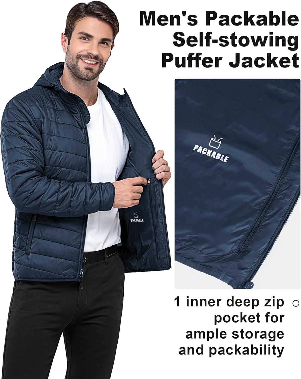 Outdoor Ventures Men’s Lightweight Packable Hooded Puffer Jacket Insulated Winter Coat for Snow Ski Traveling(Dark Denim(fold in Pocket Or Bag))