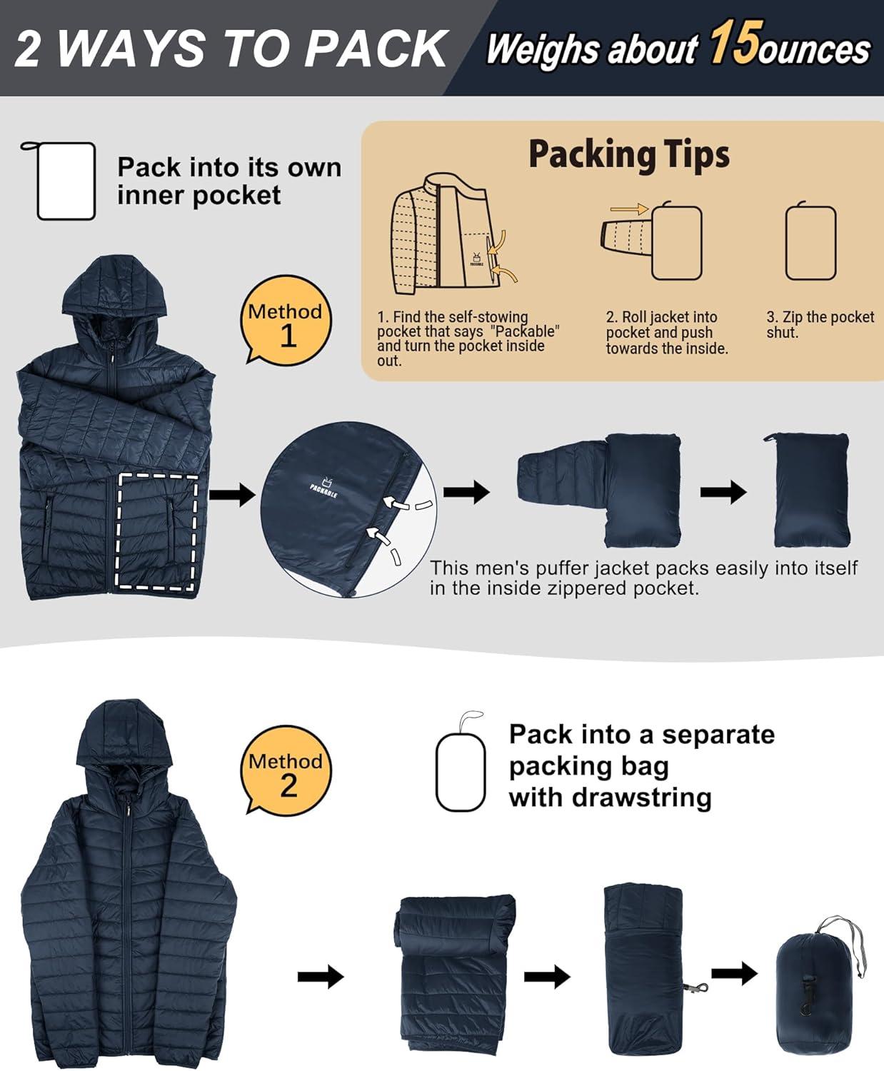 Outdoor Ventures Men’s Lightweight Packable Hooded Puffer Jacket Insulated Winter Coat for Snow Ski Traveling(Dark Denim(fold in Pocket Or Bag))