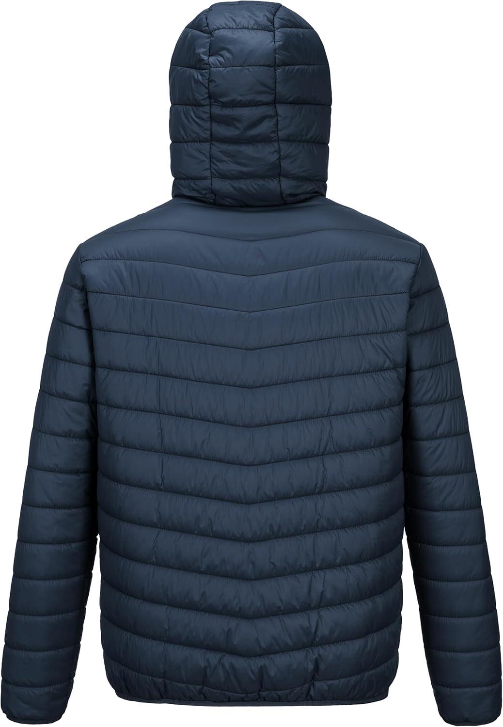 Outdoor Ventures Men’s Lightweight Packable Hooded Puffer Jacket Insulated Winter Coat for Snow Ski Traveling(Dark Denim(fold in Pocket Or Bag))