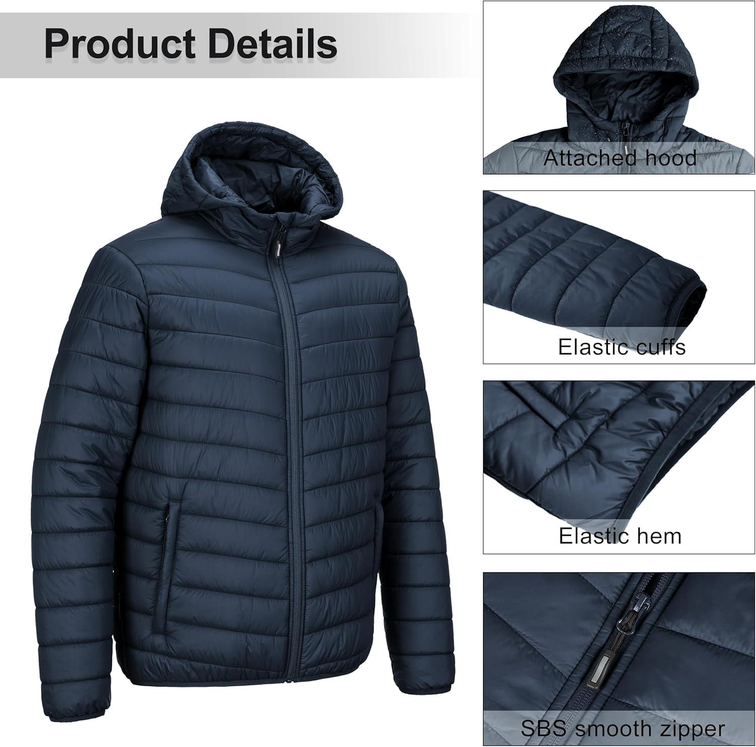 Outdoor Ventures Men’s Lightweight Packable Hooded Puffer Jacket Insulated Winter Coat for Snow Ski Traveling(Dark Denim(fold in Pocket Or Bag))