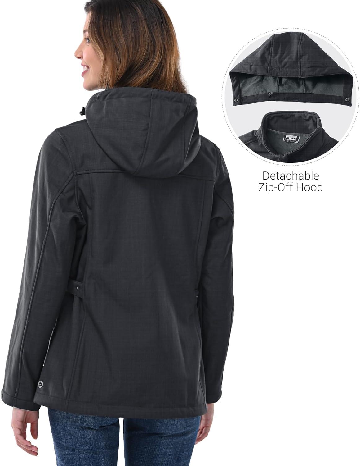 Outdoor Ventures Women’s Softshell Jacket with Removable Hood, Insulated Windbreaker Waterproof Warm Fleece Lined Coat(Dark Grey-check)