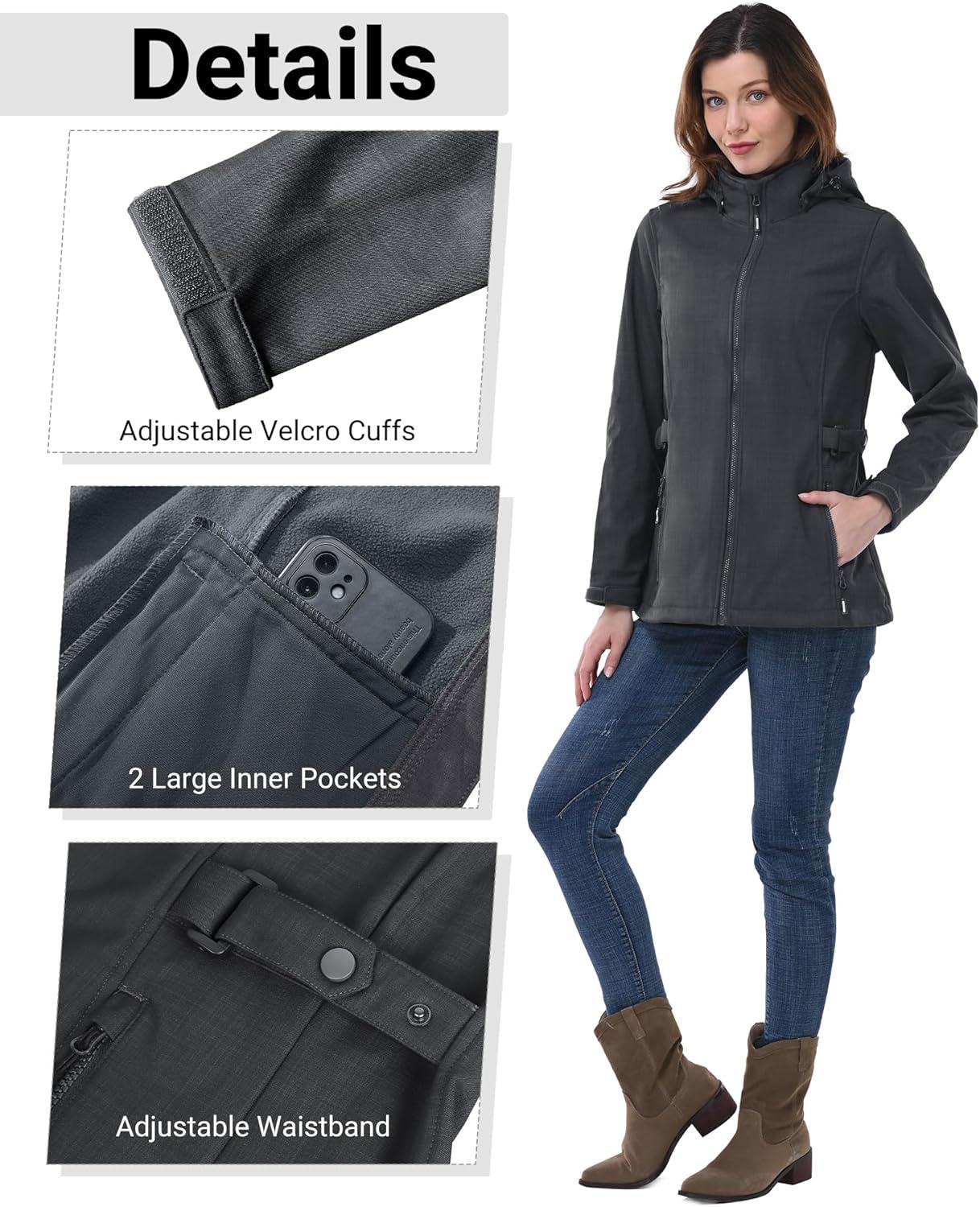 Outdoor Ventures Women’s Softshell Jacket with Removable Hood, Insulated Windbreaker Waterproof Warm Fleece Lined Coat(Dark Grey-check)