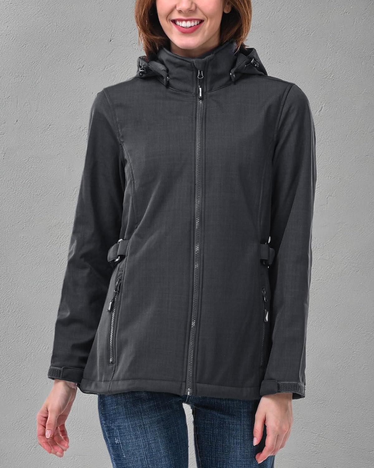 Outdoor Ventures Women’s Softshell Jacket with Removable Hood, Insulated Windbreaker Waterproof Warm Fleece Lined Coat(Dark Grey-check)
