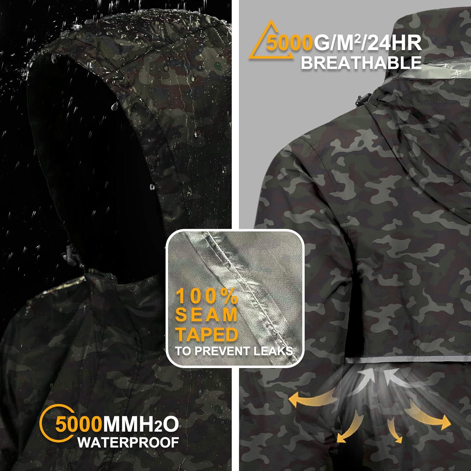 Outdoor Ventures Men’s Rain Jacket Waterproof Lightweight Packable Rain Pullover for Hiking Golf Running(Camouflage)