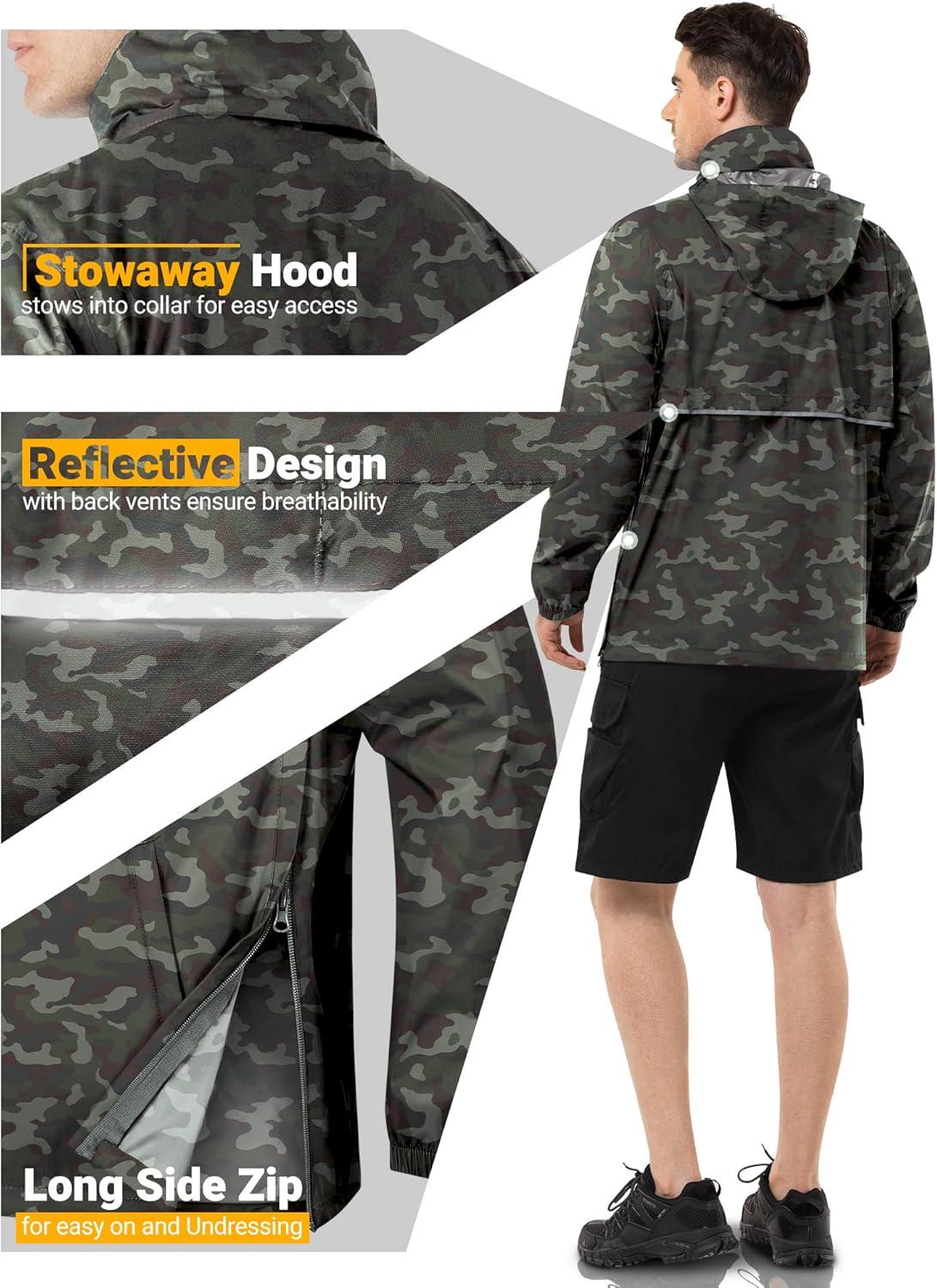 Outdoor Ventures Men’s Rain Jacket Waterproof Lightweight Packable Rain Pullover for Hiking Golf Running(Camouflage)