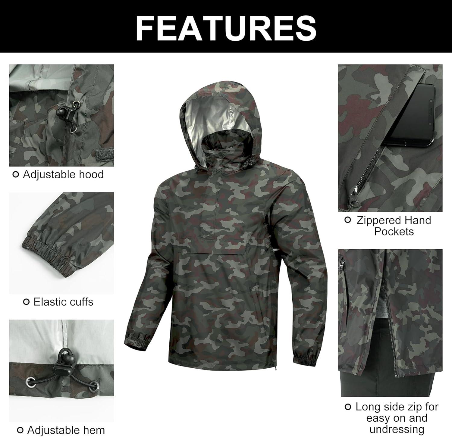 Outdoor Ventures Men’s Rain Jacket Waterproof Lightweight Packable Rain Pullover for Hiking Golf Running(Camouflage)