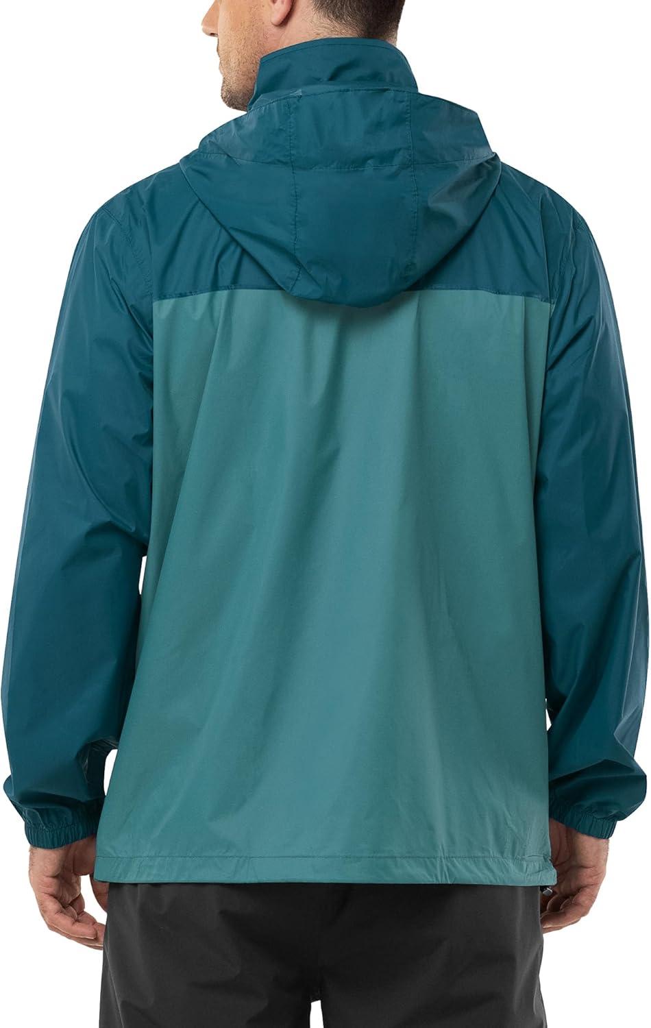 Outdoor Ventures Men’s Rain Jacket Waterproof Lightweight Packable Rain Shell Raincoat with Hood for Golf Hiking Travel(Cadet Blue/Night Blue)