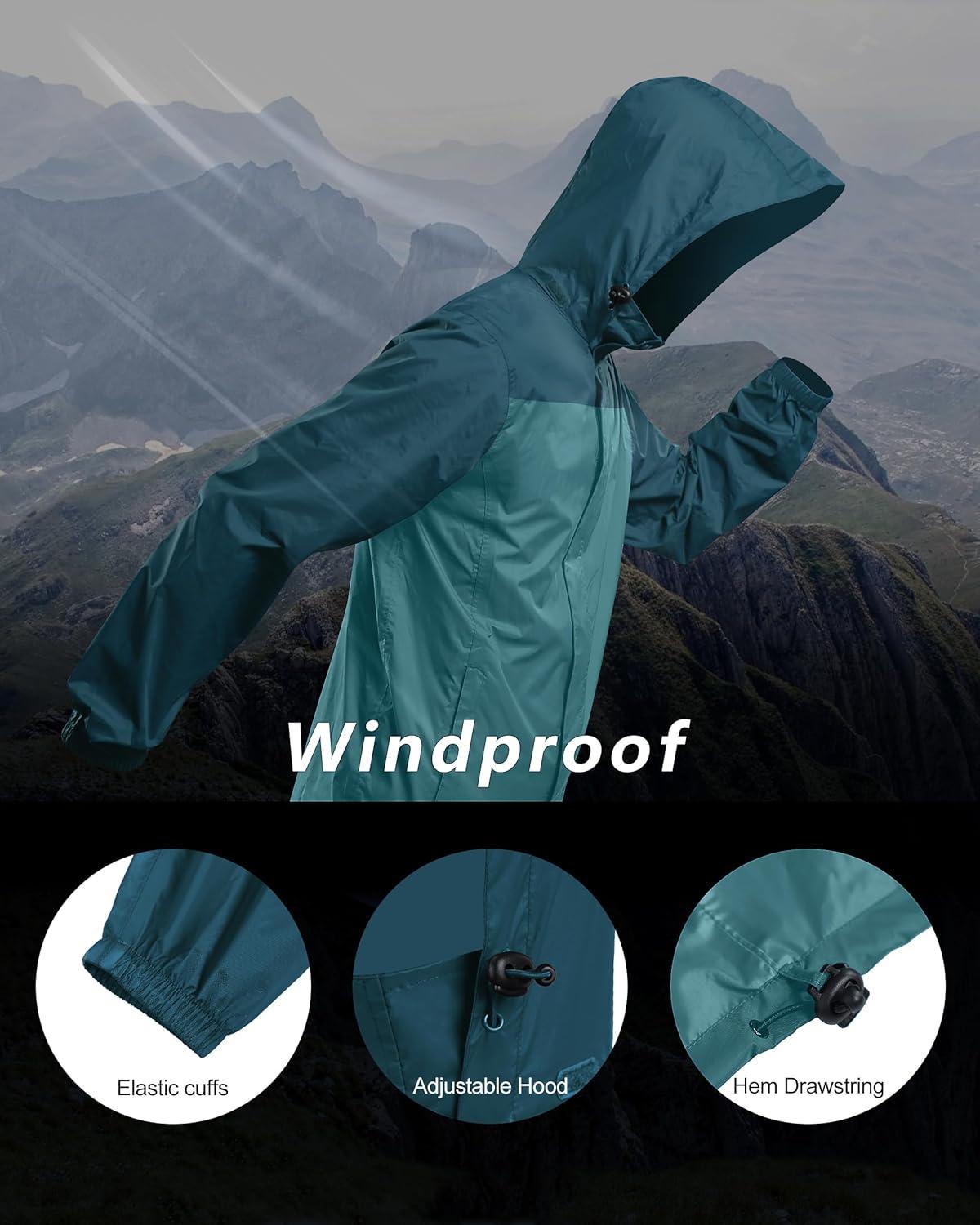Outdoor Ventures Men’s Rain Jacket Waterproof Lightweight Packable Rain Shell Raincoat with Hood for Golf Hiking Travel(Cadet Blue/Night Blue)