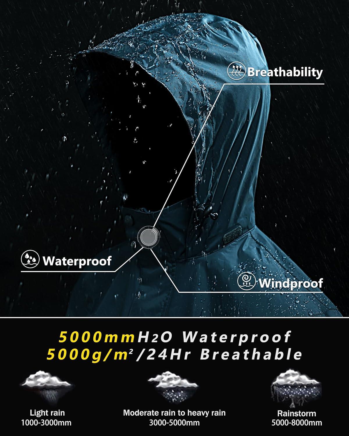 Outdoor Ventures Men’s Rain Jacket Waterproof Lightweight Packable Rain Shell Raincoat with Hood for Golf Hiking Travel(Cadet Blue/Night Blue)
