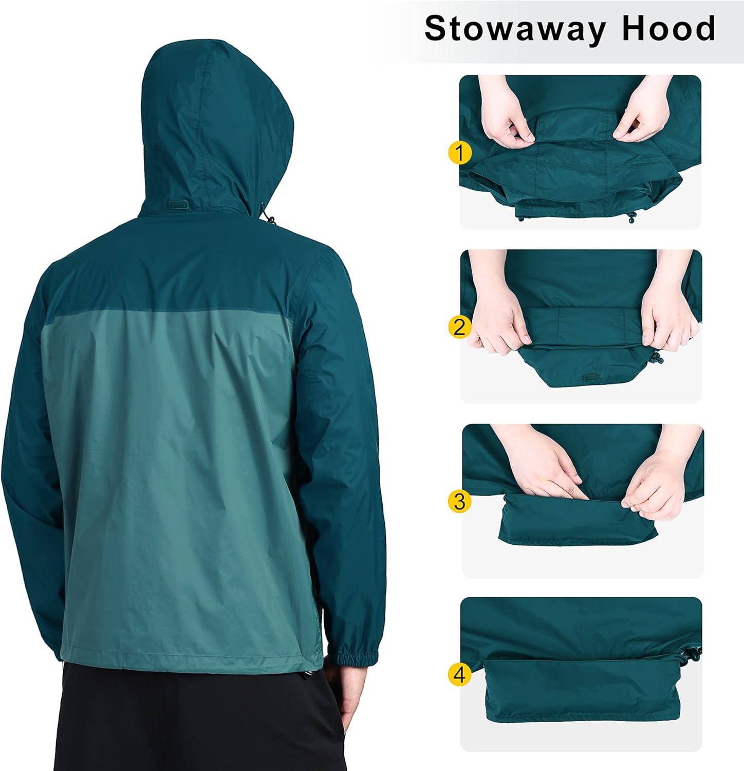 Outdoor Ventures Men’s Rain Jacket Waterproof Lightweight Packable Rain Shell Raincoat with Hood for Golf Hiking Travel(Cadet Blue/Night Blue)