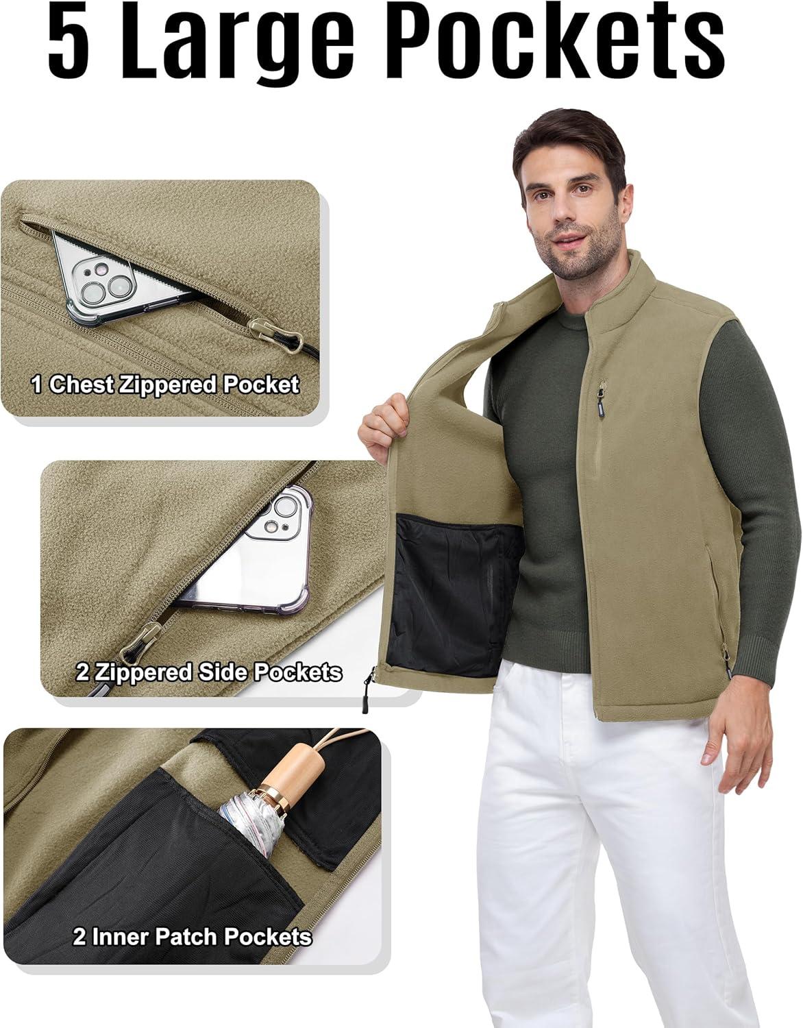 Outdoor Ventures Men’s Full-Zip Lightweight Polar Fleece Vest Outerwear with 5 Pockets Warm Winter Sleeveless Jacket Casual(Light Brown)