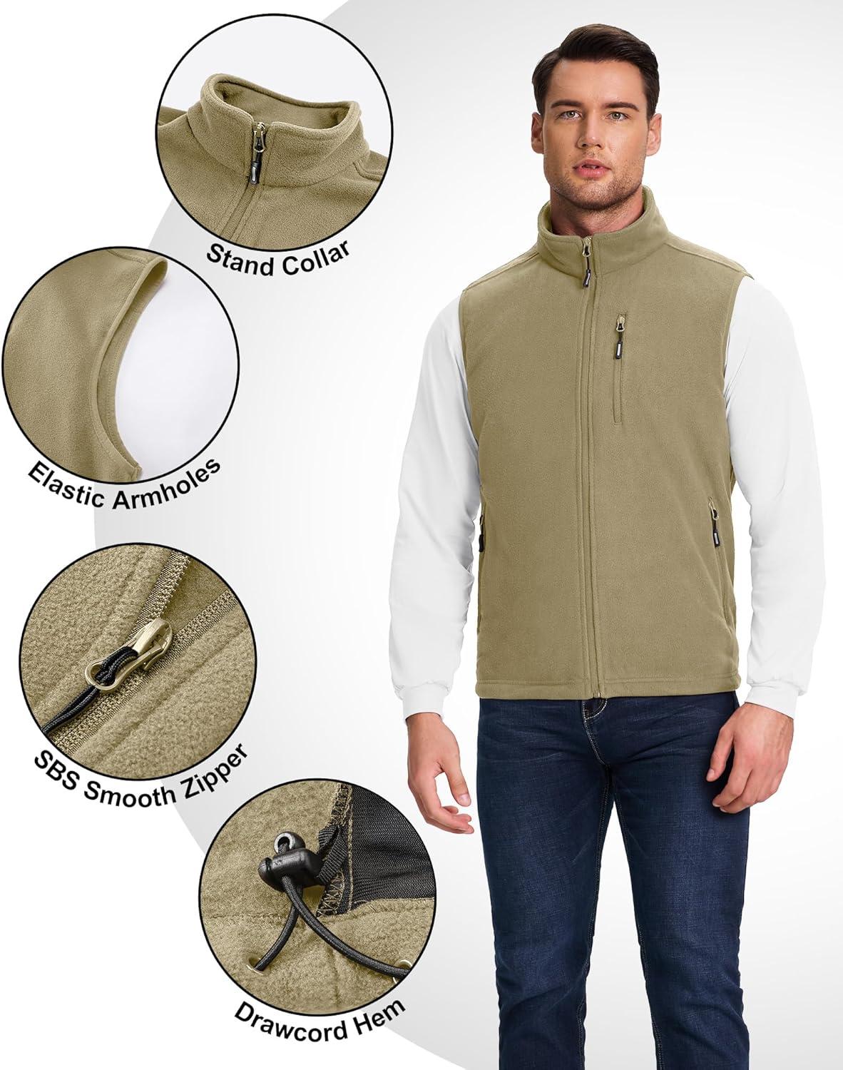 Outdoor Ventures Men’s Full-Zip Lightweight Polar Fleece Vest Outerwear with 5 Pockets Warm Winter Sleeveless Jacket Casual(Light Brown)