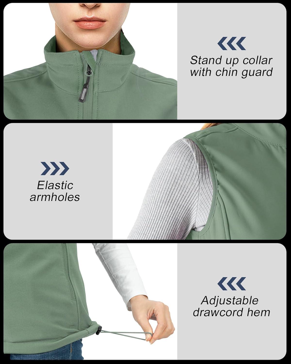 Outdoor Ventures Women’s Lightweight Softshell Vest Windproof Fleece Lined Zip Up Sleeveless Jacket for Running Hiking Golf(Green)
