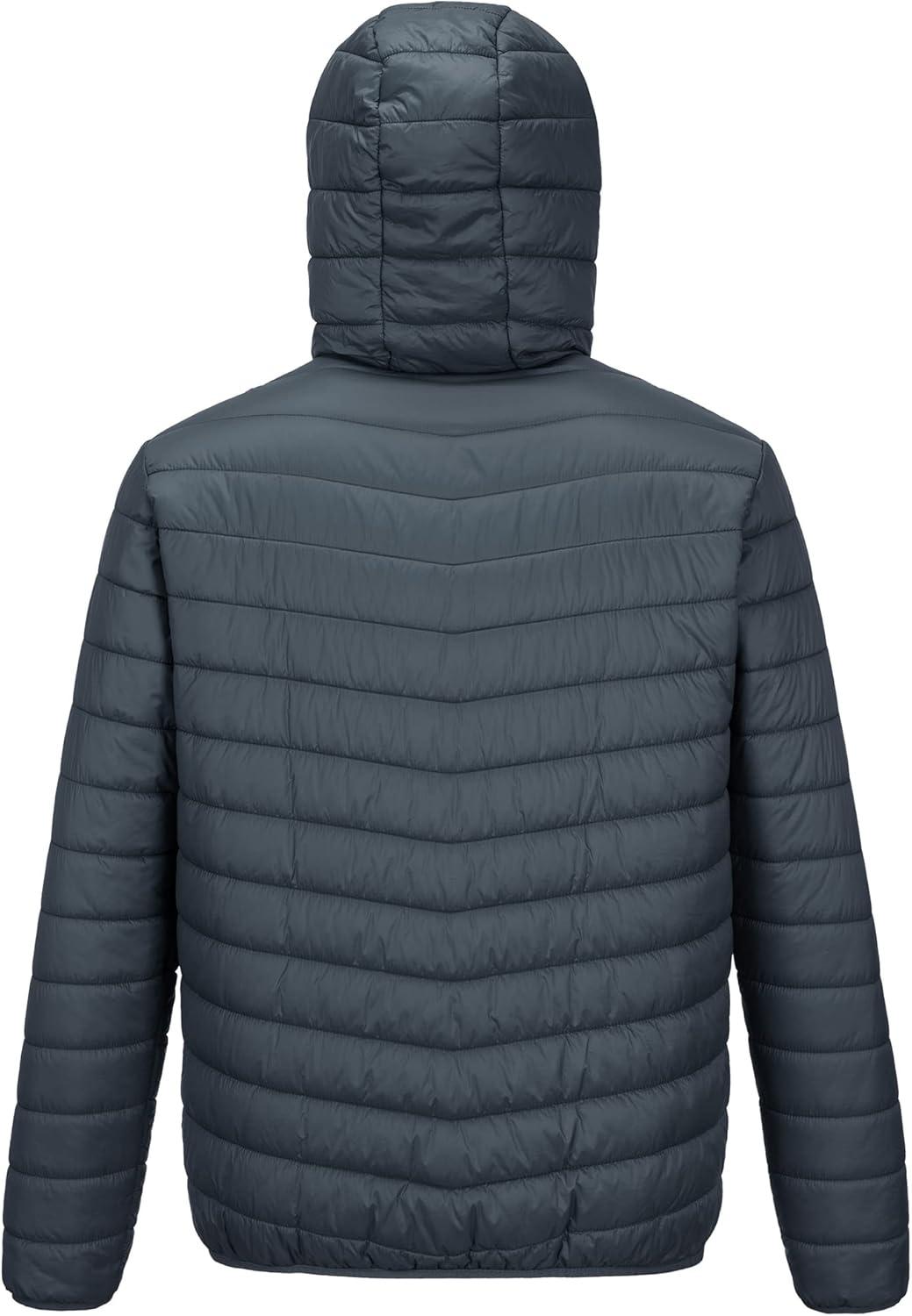 Outdoor Ventures Men’s Lightweight Packable Hooded Puffer Jacket Insulated Winter Coat for Snow Ski Traveling(Dark Grey(fold in Bag))