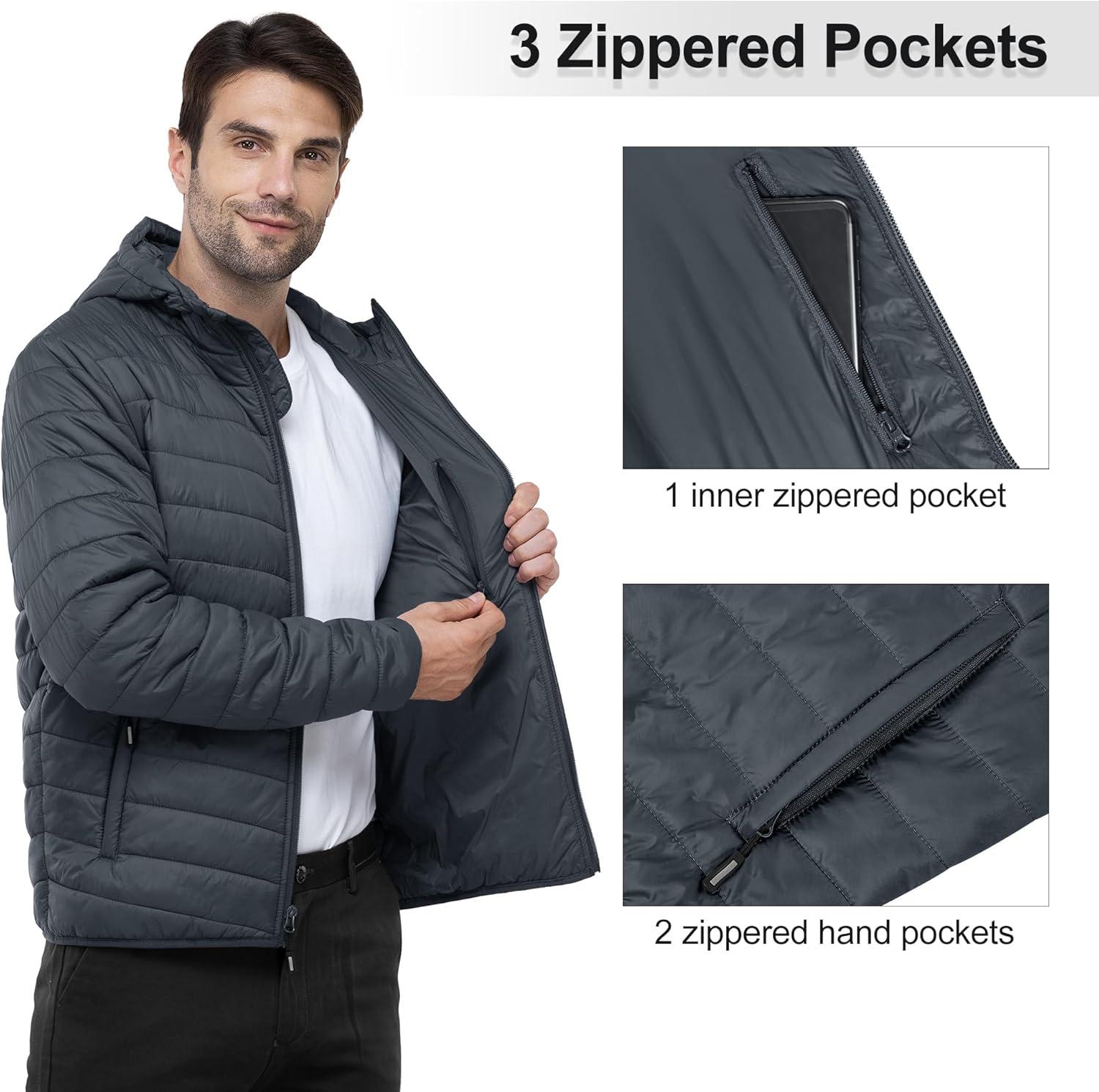 Outdoor Ventures Men’s Lightweight Packable Hooded Puffer Jacket Insulated Winter Coat for Snow Ski Traveling(Dark Grey(fold in Bag))