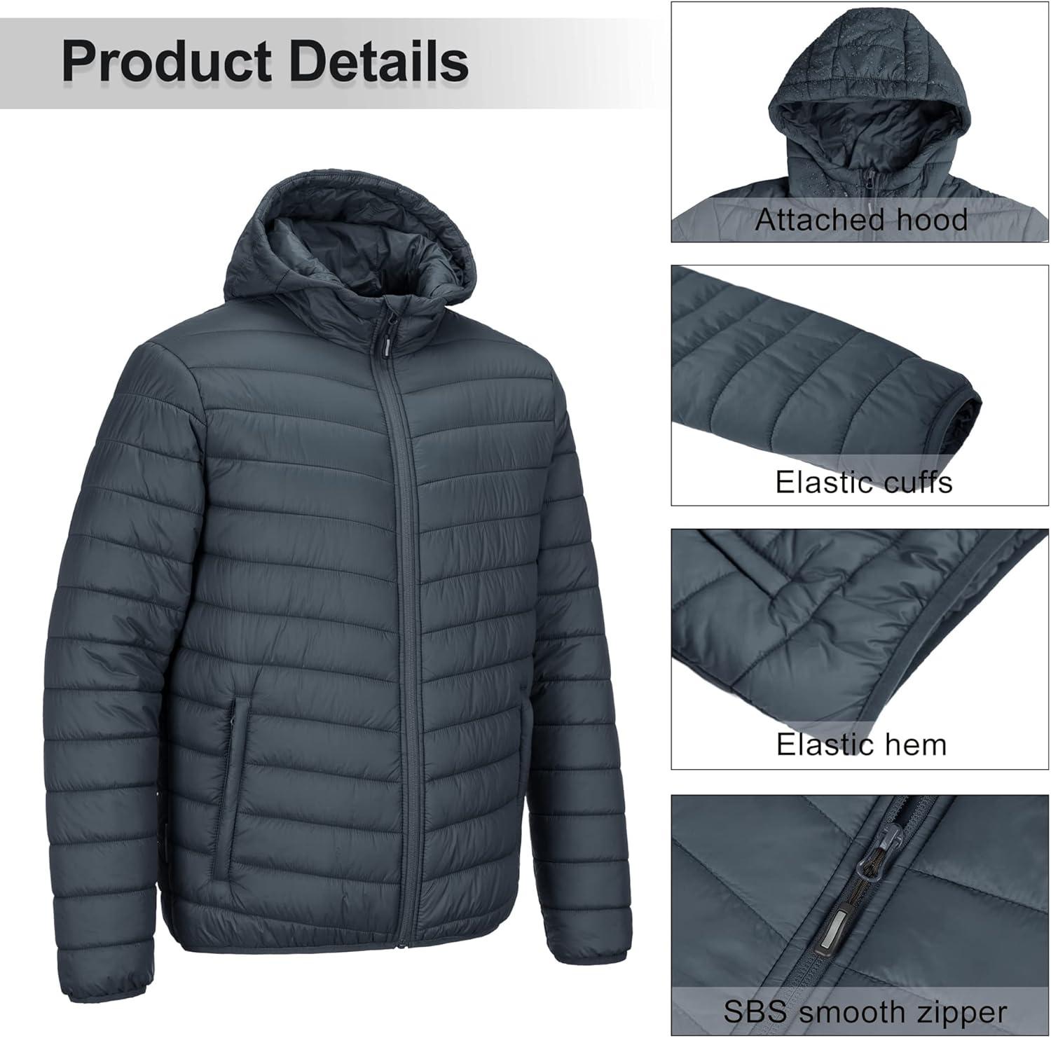 Outdoor Ventures Men’s Lightweight Packable Hooded Puffer Jacket Insulated Winter Coat for Snow Ski Traveling(Dark Grey(fold in Bag))