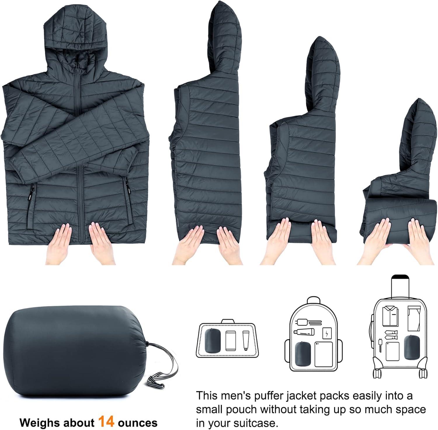 Outdoor Ventures Men’s Lightweight Packable Hooded Puffer Jacket Insulated Winter Coat for Snow Ski Traveling(Dark Grey(fold in Bag))