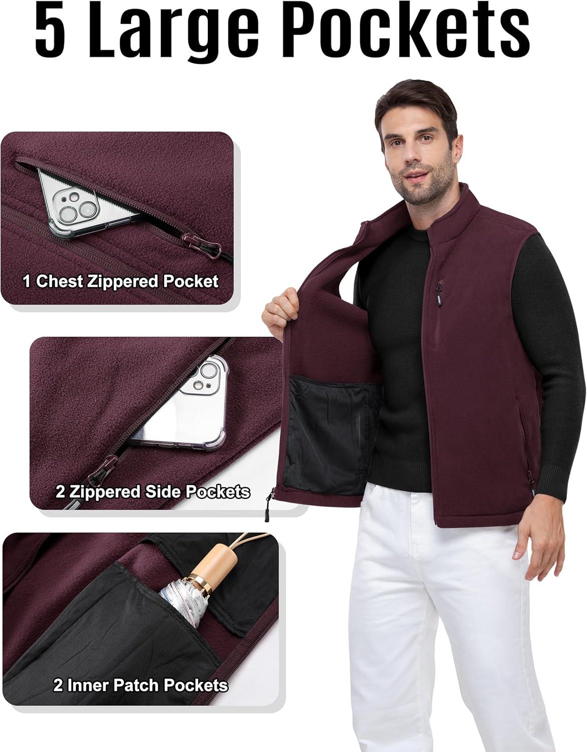 Outdoor Ventures Men’s Full-Zip Lightweight Polar Fleece Vest Outerwear with 5 Pockets Warm Winter Sleeveless Jacket Casual(Wine)