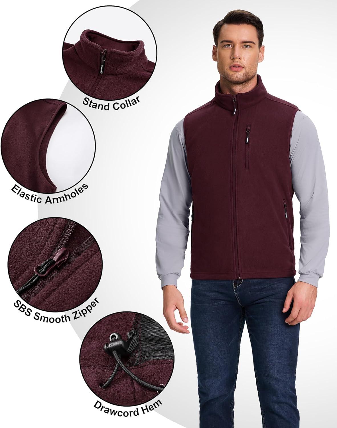 Outdoor Ventures Men’s Full-Zip Lightweight Polar Fleece Vest Outerwear with 5 Pockets Warm Winter Sleeveless Jacket Casual(Wine)
