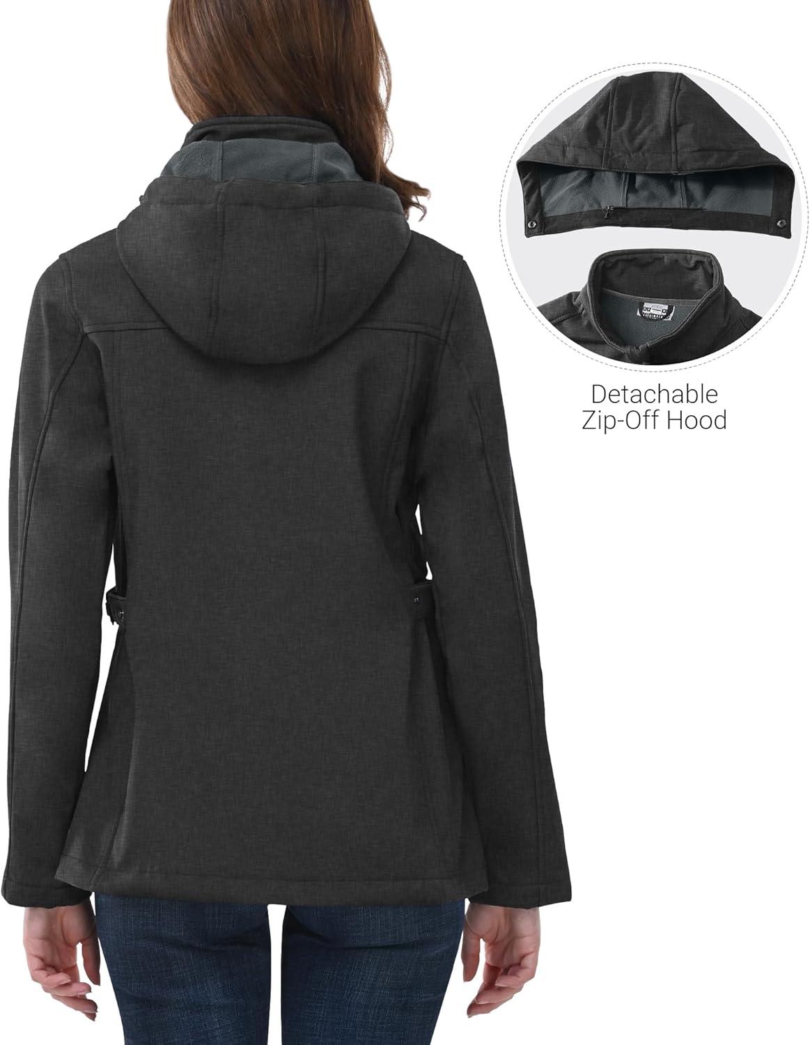 Outdoor Ventures Women’s Softshell Jacket with Removable Hood, Insulated Windbreaker Waterproof Warm Fleece Lined Coat(Dimgrey Melange)