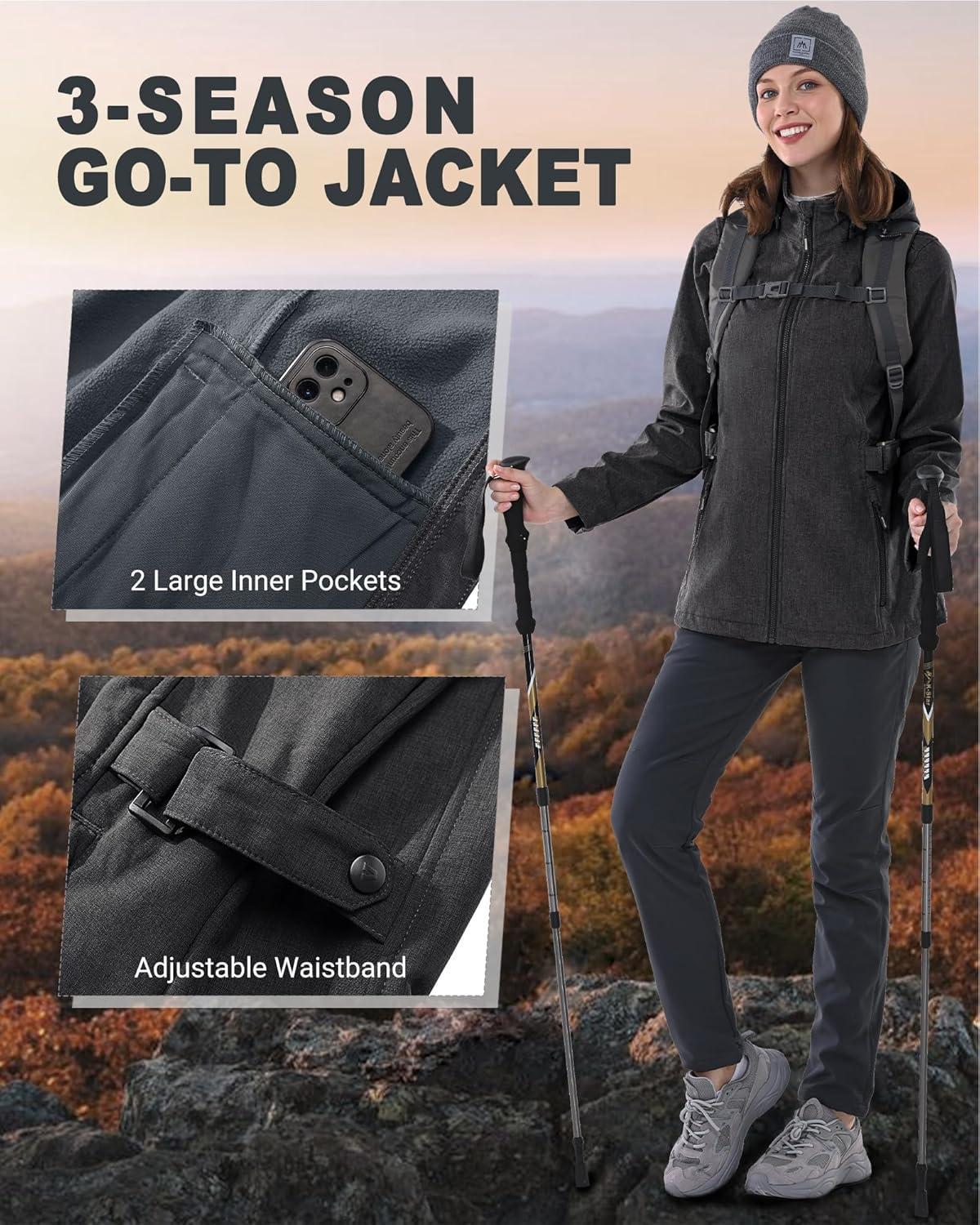 Outdoor Ventures Women’s Softshell Jacket with Removable Hood, Insulated Windbreaker Waterproof Warm Fleece Lined Coat(Dimgrey Melange)