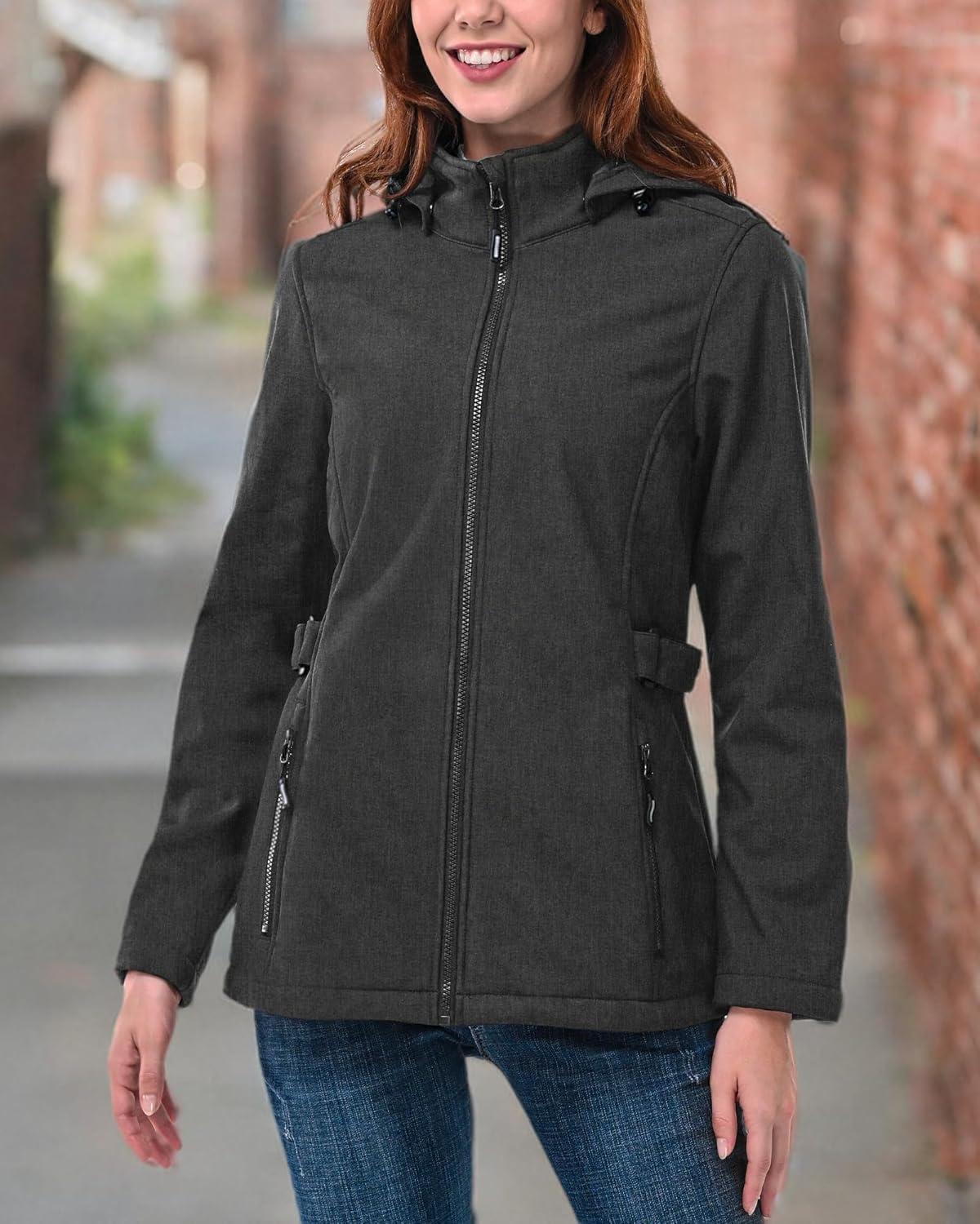 Outdoor Ventures Women’s Softshell Jacket with Removable Hood, Insulated Windbreaker Waterproof Warm Fleece Lined Coat(Dimgrey Melange)