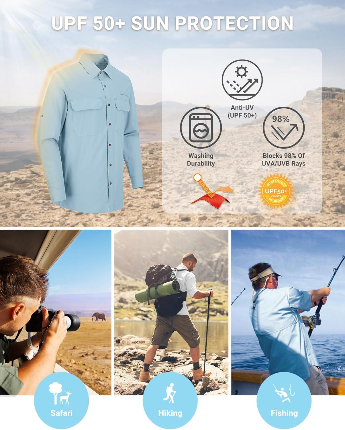 Outdoor Ventures Men’s UPF 50+ UV Sun Protection Shirt, Long Sleeve Hiking Fishing Shirt Cooling Quick Dry for Safari Travel(Violet Blue)