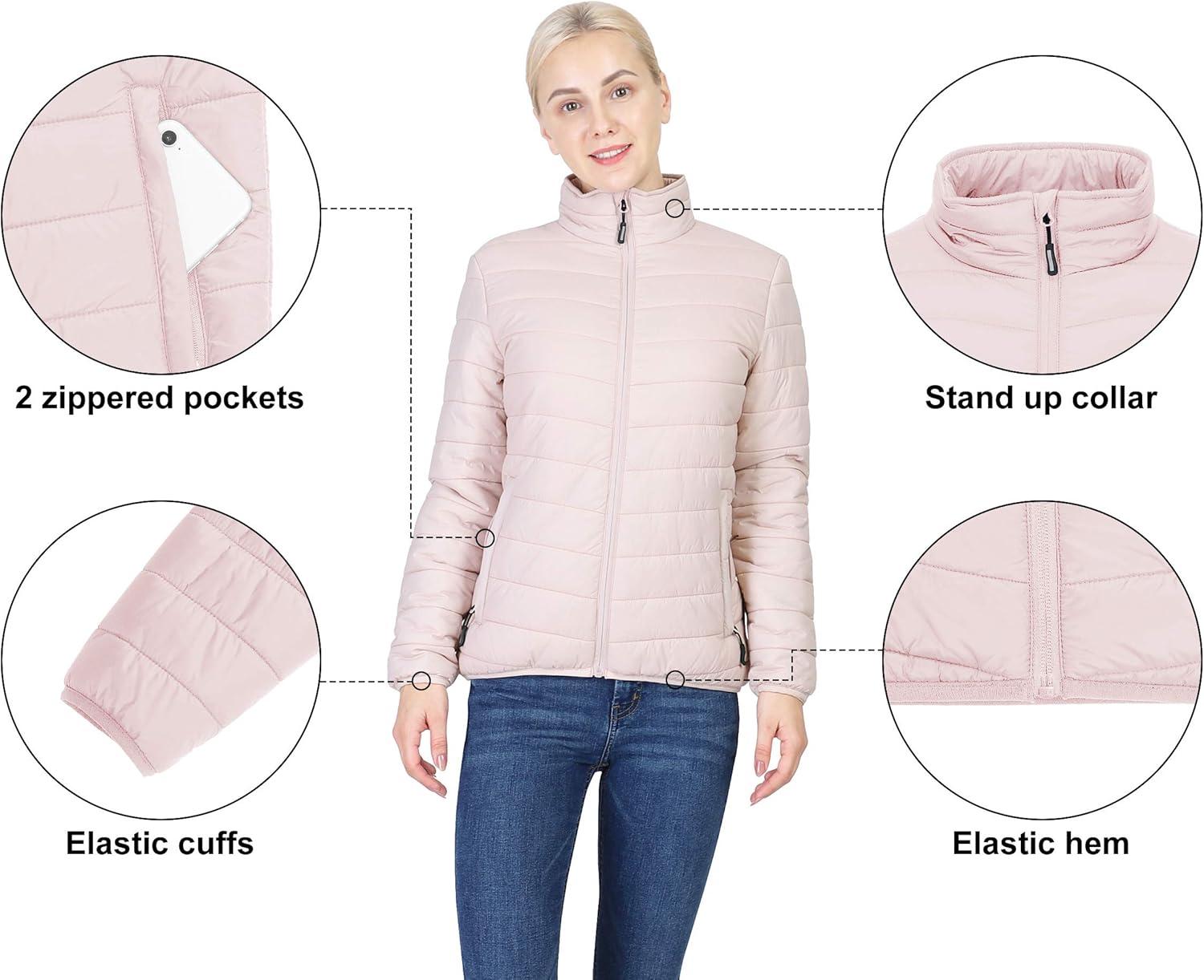 Outdoor Ventures Women’s Packable Full-Zip Short Puffer Jacket Insulated Quilted Warm Lightweight Winter Coat(Pink(fold in Bag))