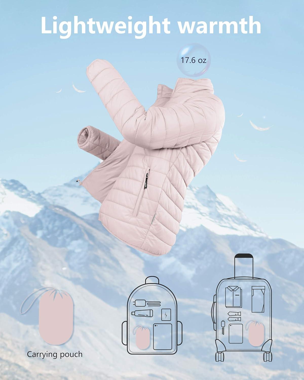 Outdoor Ventures Women’s Packable Full-Zip Short Puffer Jacket Insulated Quilted Warm Lightweight Winter Coat(Pink(fold in Bag))