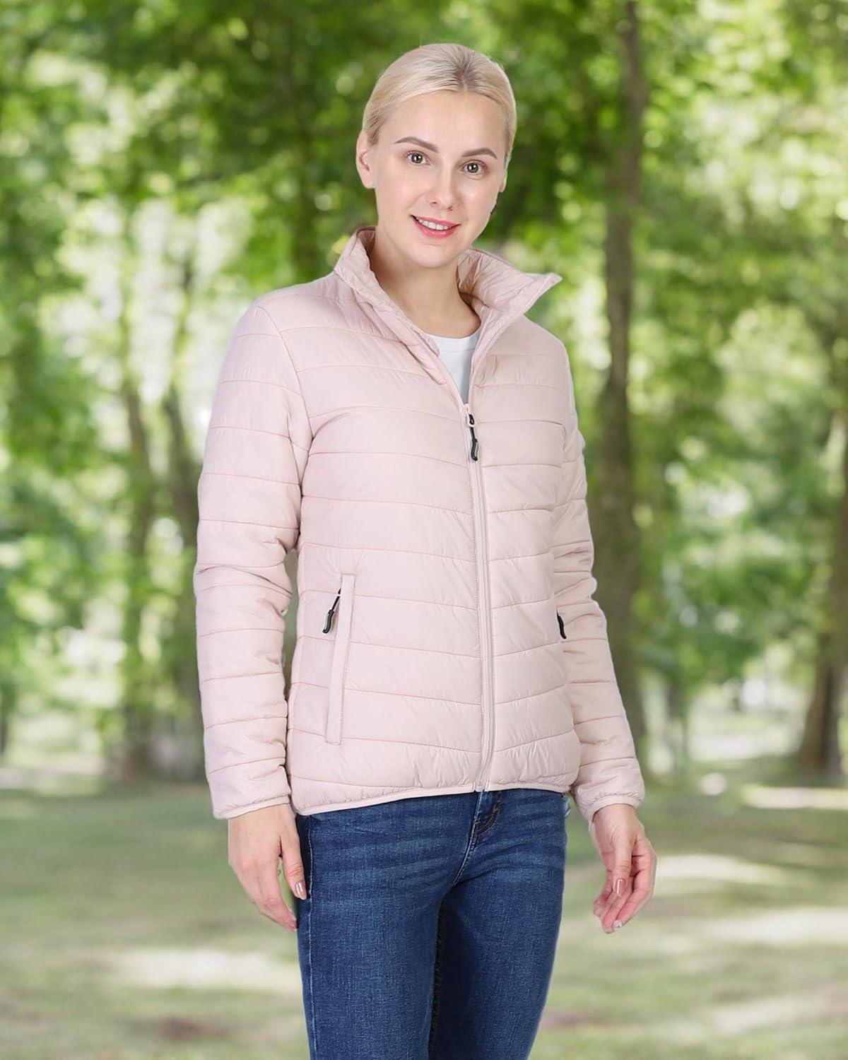 Outdoor Ventures Women’s Packable Full-Zip Short Puffer Jacket Insulated Quilted Warm Lightweight Winter Coat(Pink(fold in Bag))