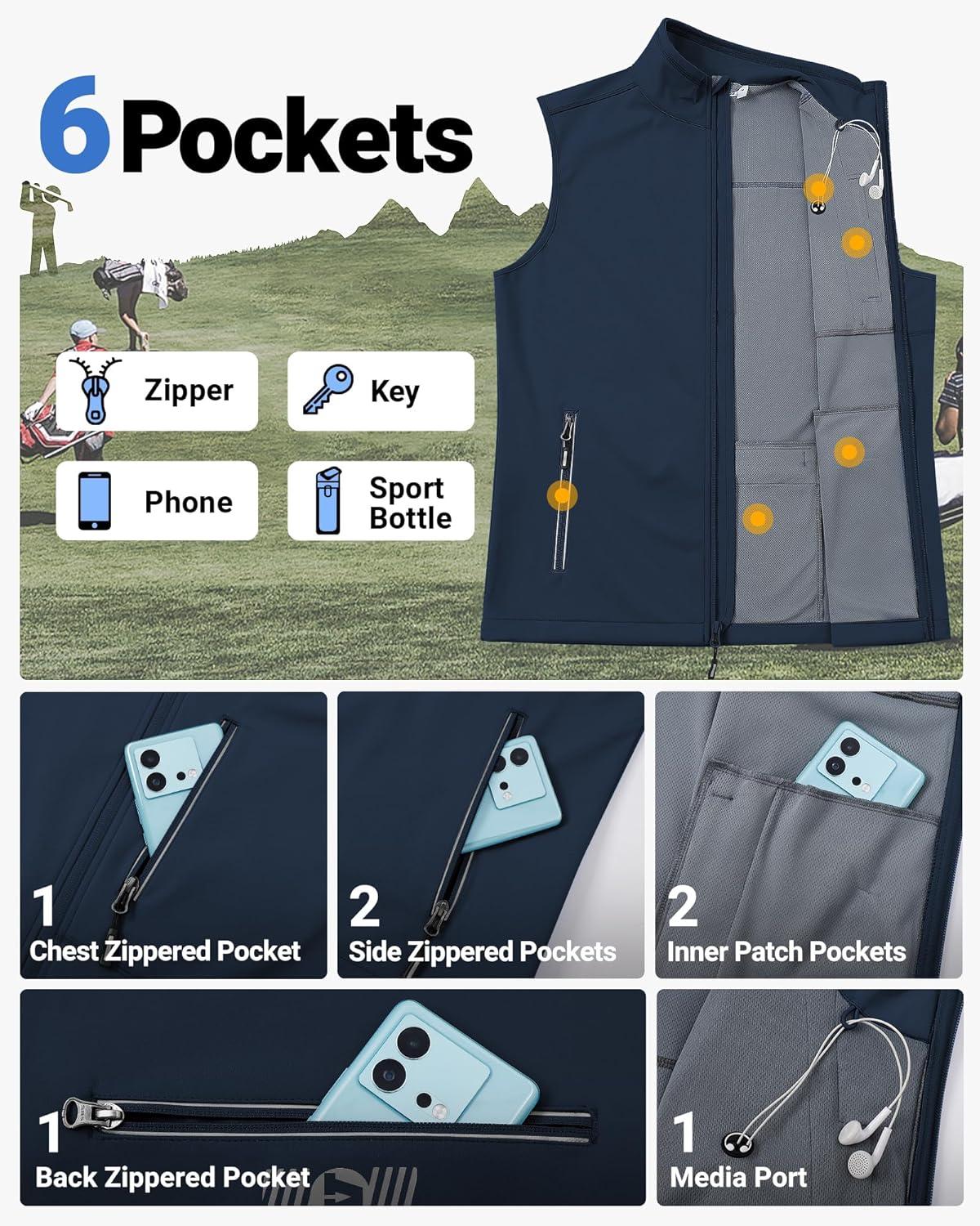 Outdoor Ventures Men’s Windproof Softshell Vest Outerwear Lightweight Sleeveless Jacket for Running Golf Hiking Travel(Dark Blue)