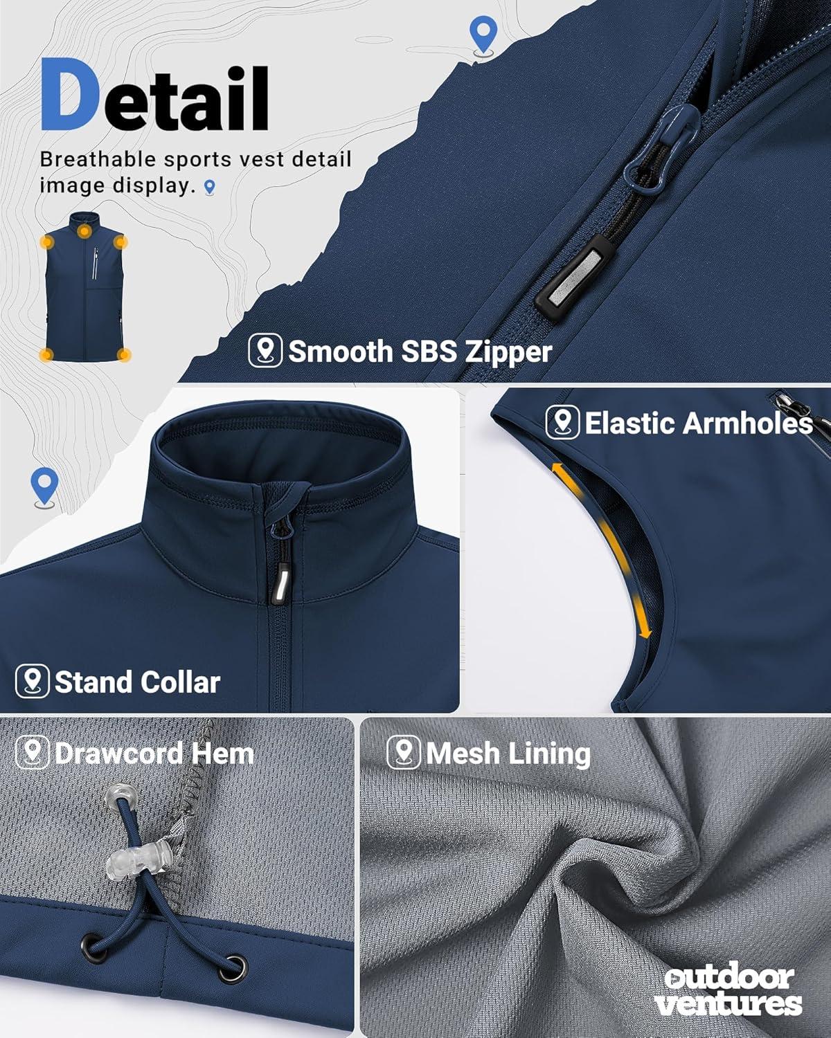 Outdoor Ventures Men’s Windproof Softshell Vest Outerwear Lightweight Sleeveless Jacket for Running Golf Hiking Travel(Dark Blue)