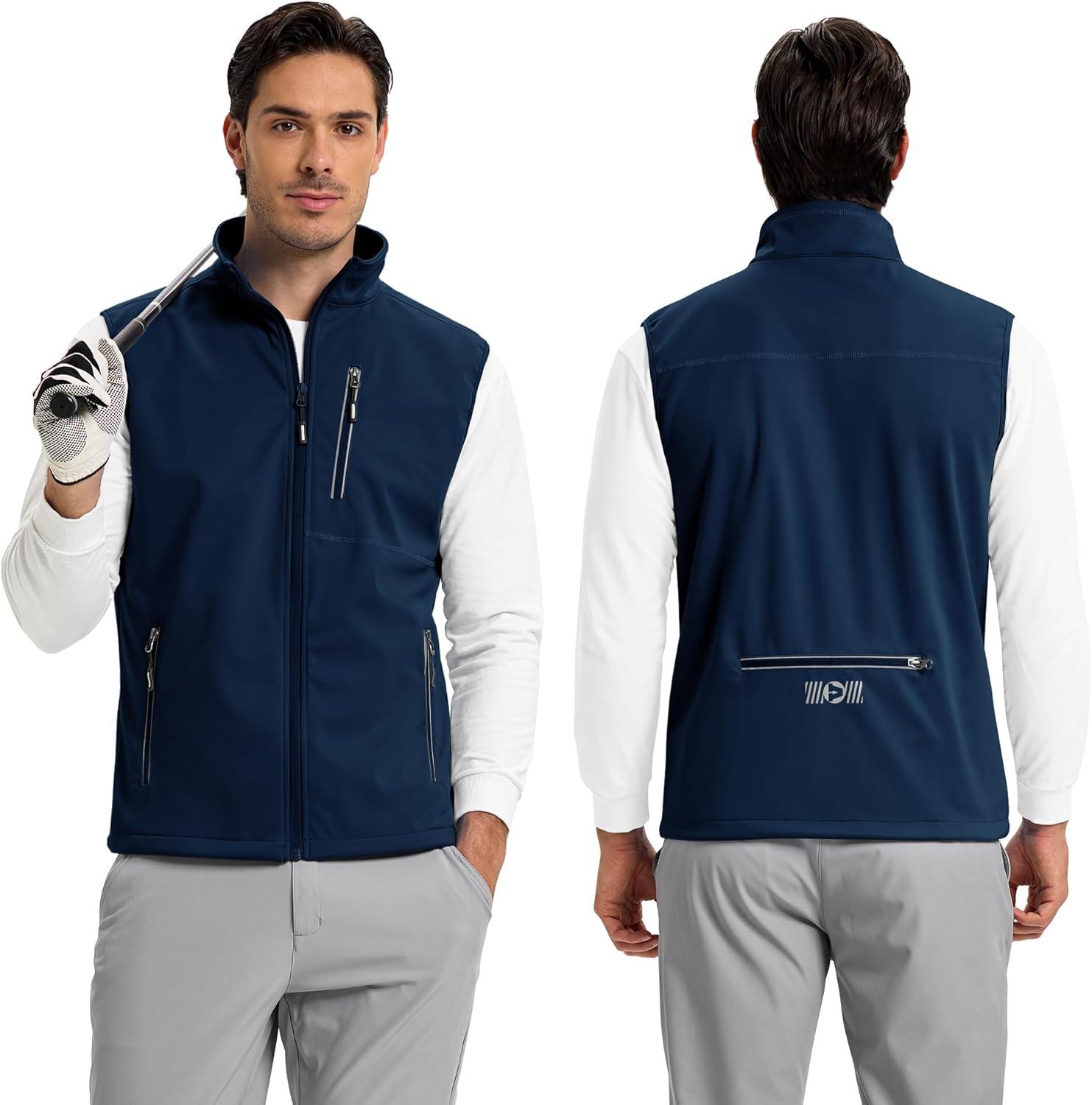 Outdoor Ventures Men’s Windproof Softshell Vest Outerwear Lightweight Sleeveless Jacket for Running Golf Hiking Travel(Dark Blue)