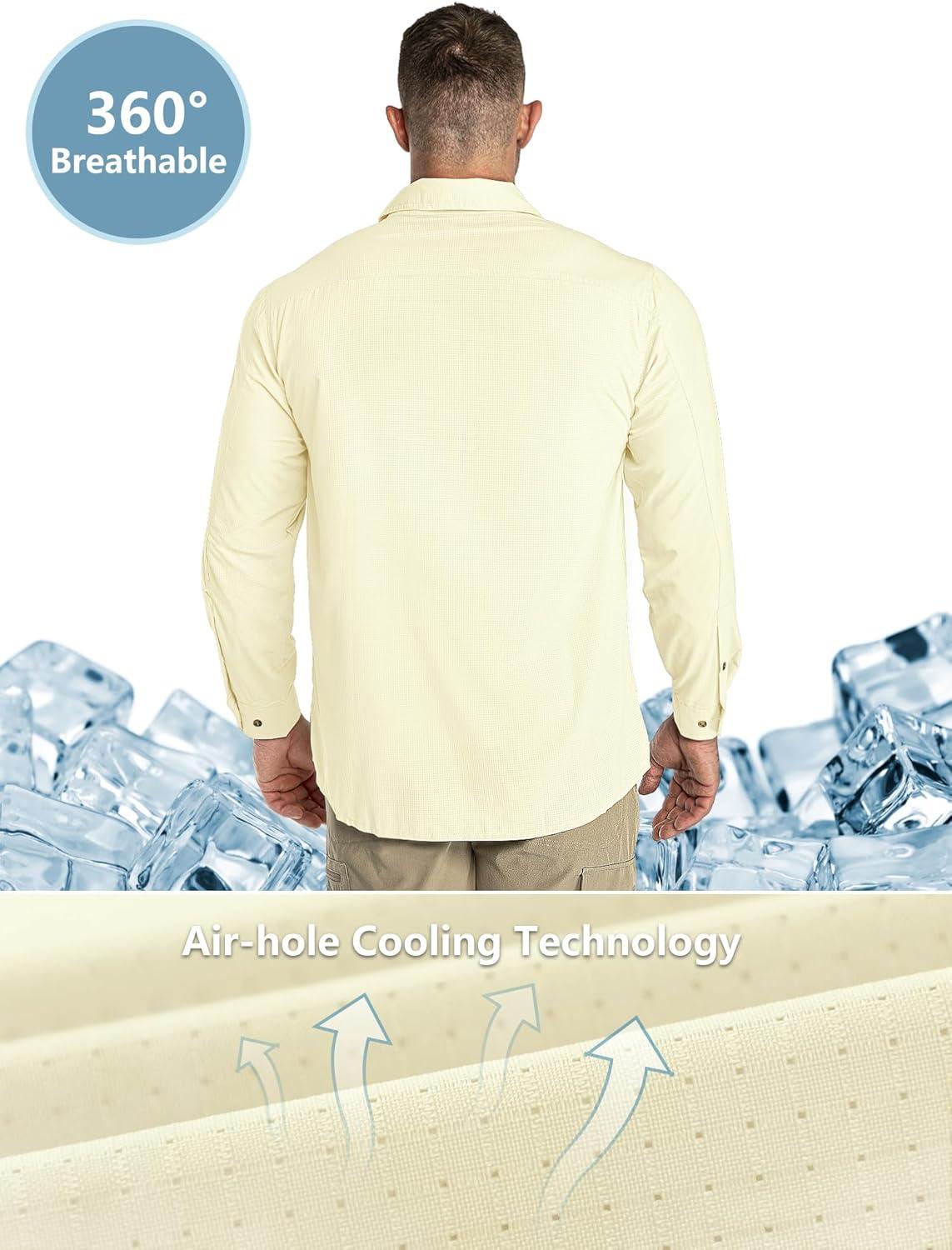 Outdoor Ventures Men’s UPF 50+ UV Sun Protection Shirt, Long Sleeve Hiking Fishing Shirt Cooling Quick Dry for Safari Travel(Light Yellow)
