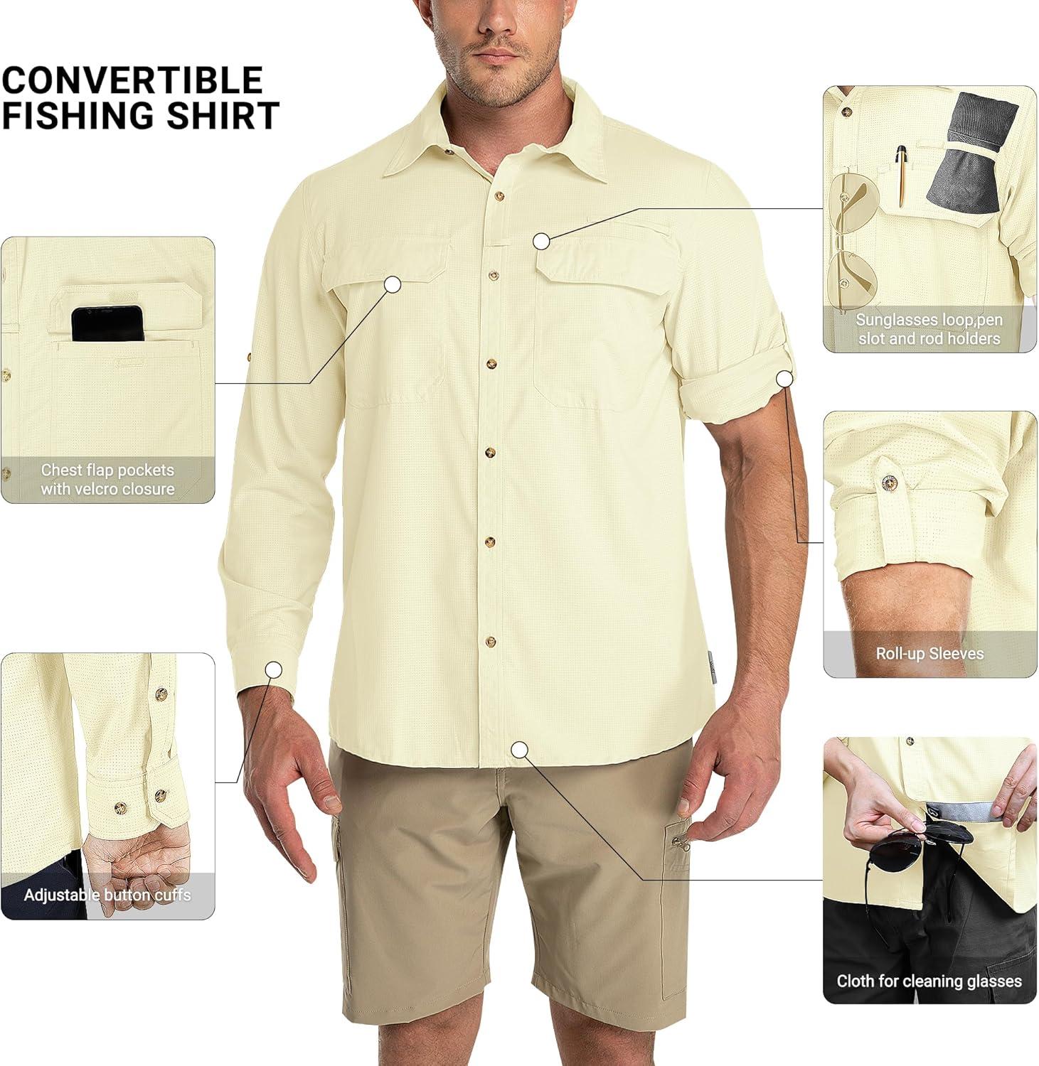 Outdoor Ventures Men’s UPF 50+ UV Sun Protection Shirt, Long Sleeve Hiking Fishing Shirt Cooling Quick Dry for Safari Travel(Light Yellow)