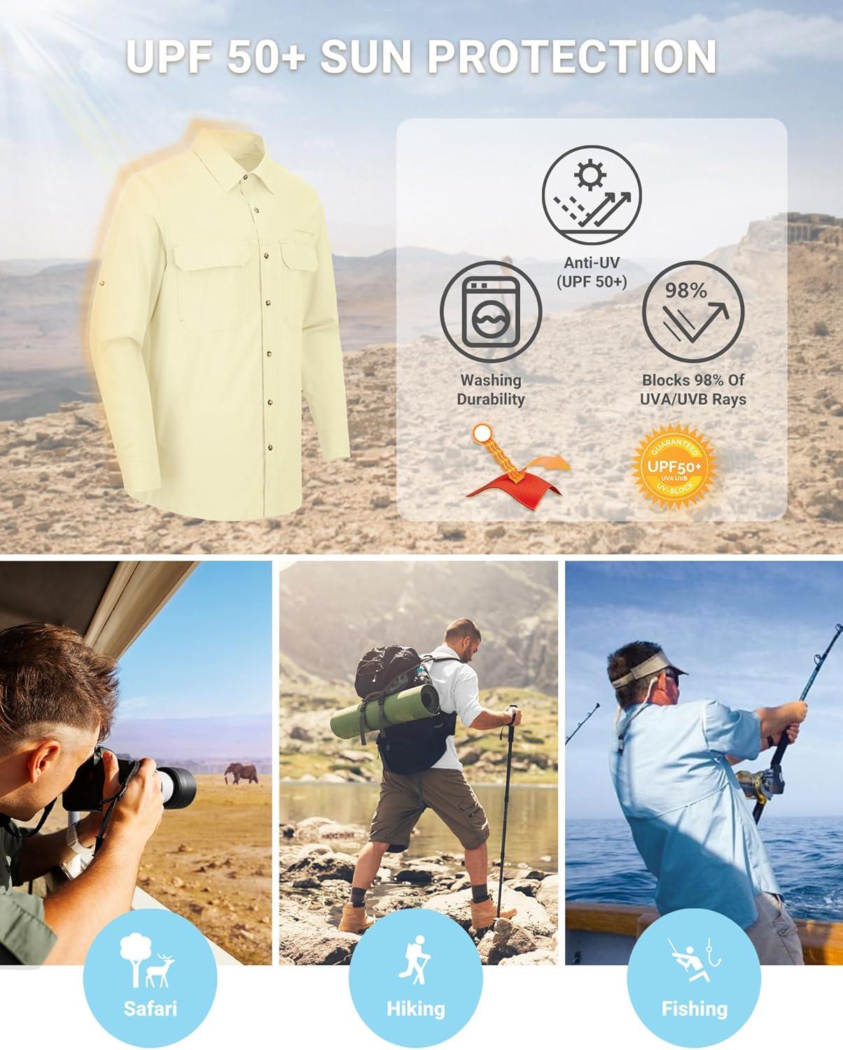 Outdoor Ventures Men’s UPF 50+ UV Sun Protection Shirt, Long Sleeve Hiking Fishing Shirt Cooling Quick Dry for Safari Travel(Light Yellow)