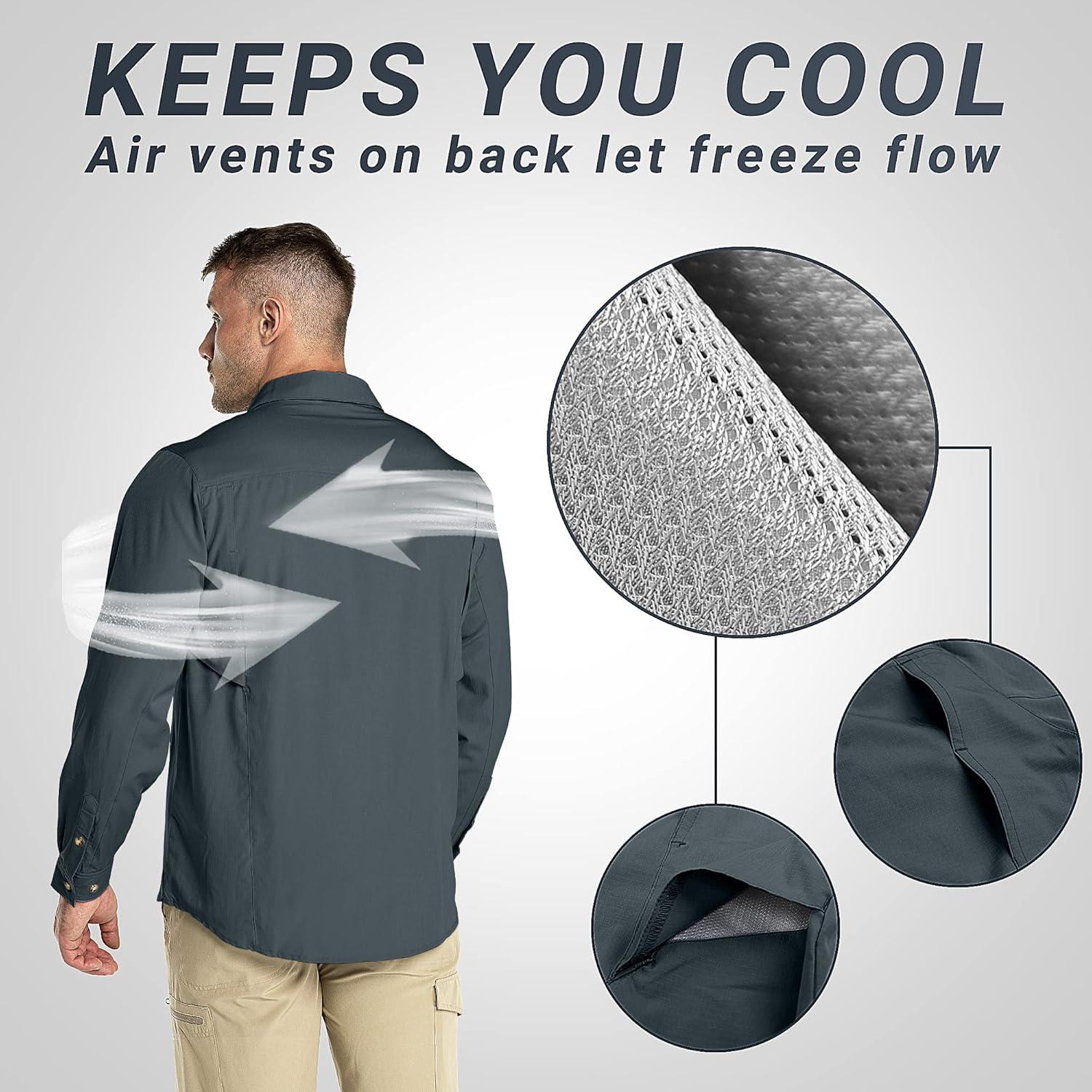 Outdoor Ventures Men’s UPF 50+ UV Sun Protection SPF Hiking Shirt Long Sleeve Lightweight Quick Dry for Safari Travel Fishing(Grey)