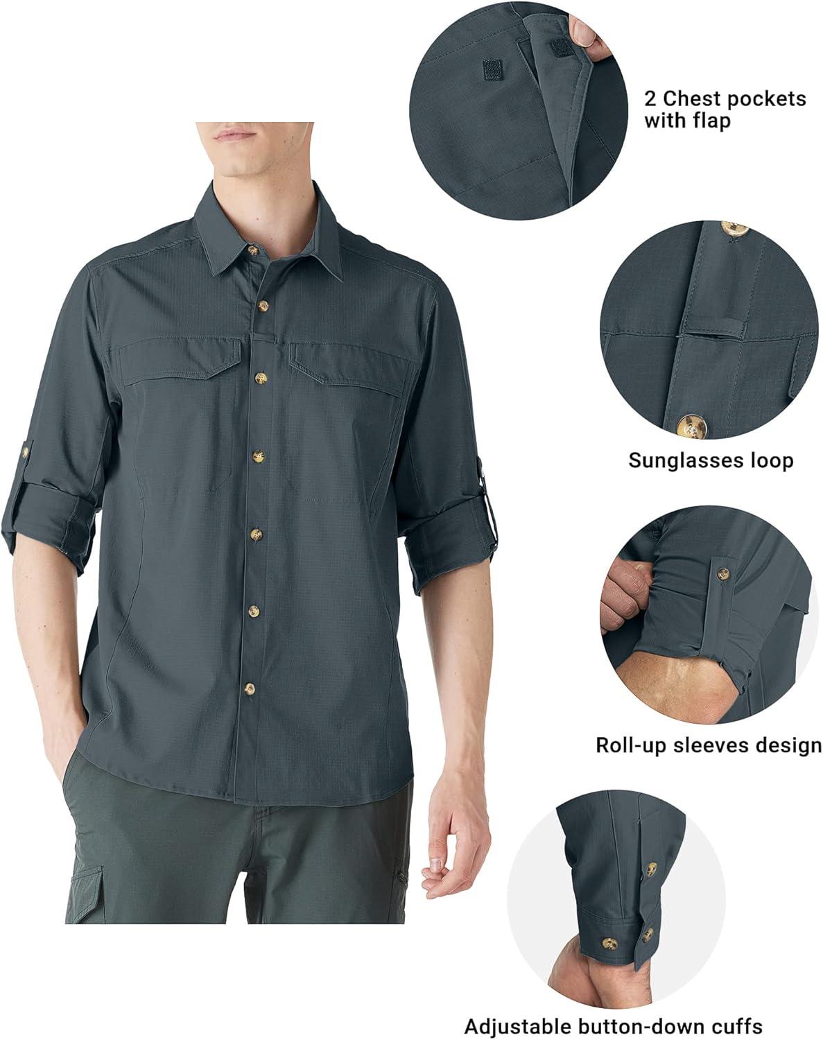 Outdoor Ventures Men’s UPF 50+ UV Sun Protection SPF Hiking Shirt Long Sleeve Lightweight Quick Dry for Safari Travel Fishing(Grey)