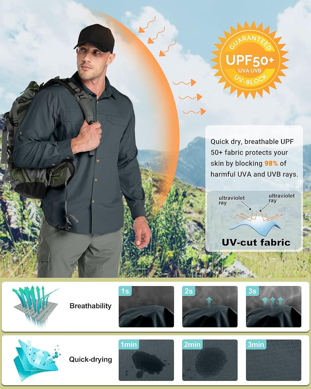Outdoor Ventures Men’s UPF 50+ UV Sun Protection SPF Hiking Shirt Long Sleeve Lightweight Quick Dry for Safari Travel Fishing(Grey)
