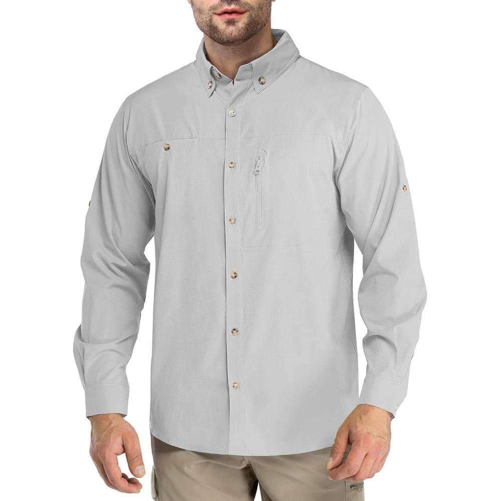 Outdoor Ventures Men’s Long Sleeve Hiking Shirt UPF 50 UV Sun Protection Shirt Cooling Quick Dry for Travel Fishing Safari(Silver Grey)