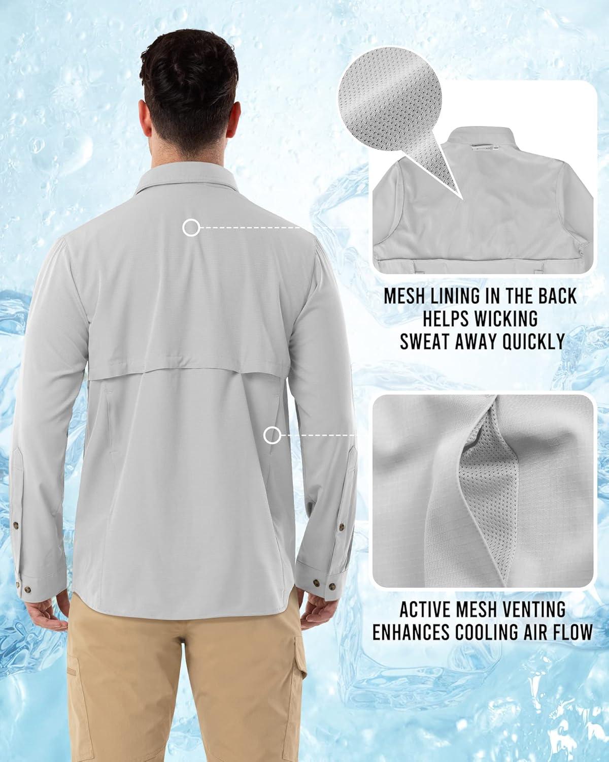 Outdoor Ventures Men’s Long Sleeve Hiking Shirt UPF 50 UV Sun Protection Shirt Cooling Quick Dry for Travel Fishing Safari(Silver Grey)