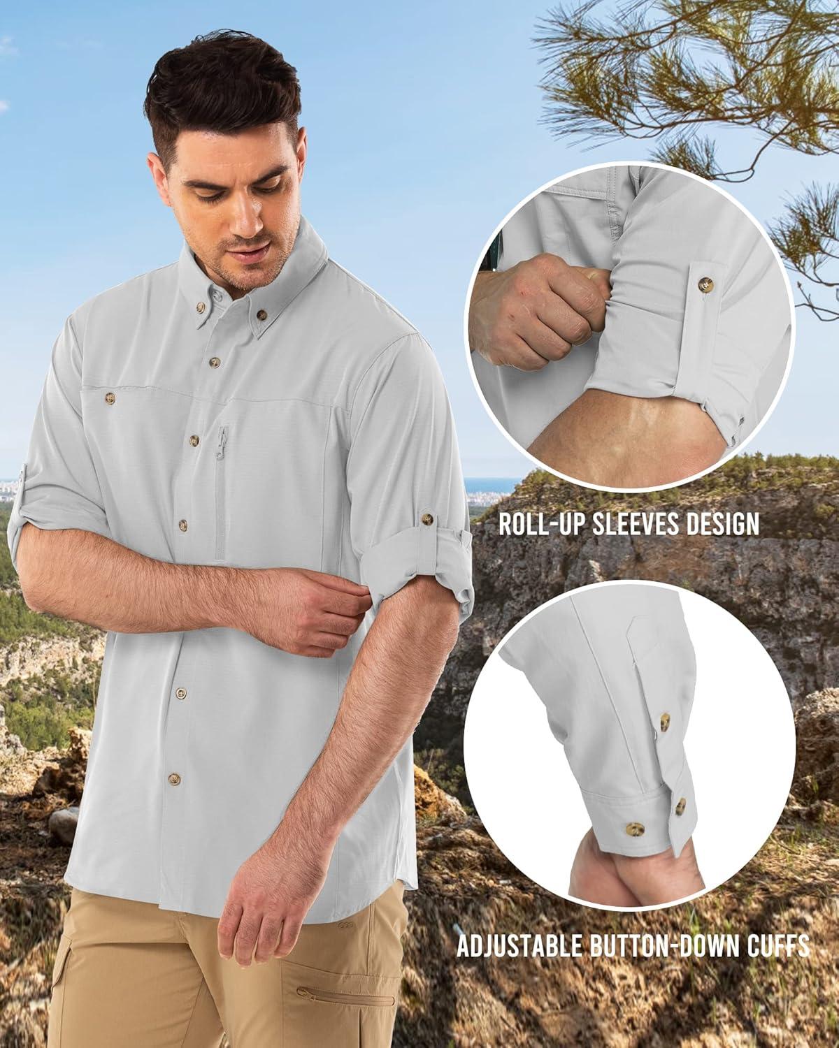 Outdoor Ventures Men’s Long Sleeve Hiking Shirt UPF 50 UV Sun Protection Shirt Cooling Quick Dry for Travel Fishing Safari(Silver Grey)