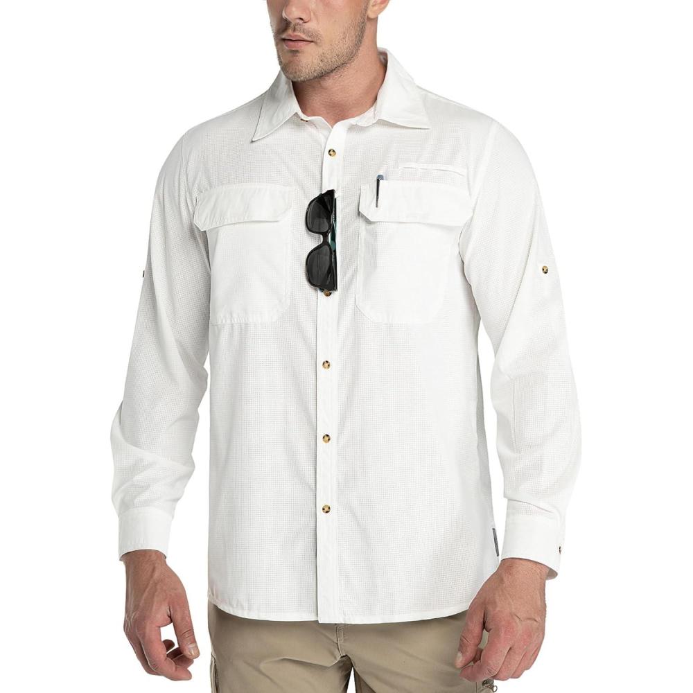 Outdoor Ventures Men’s UPF 50+ UV Sun Protection Shirt, Long Sleeve Hiking Fishing Shirt Cooling Quick Dry for Safari Travel(White)
