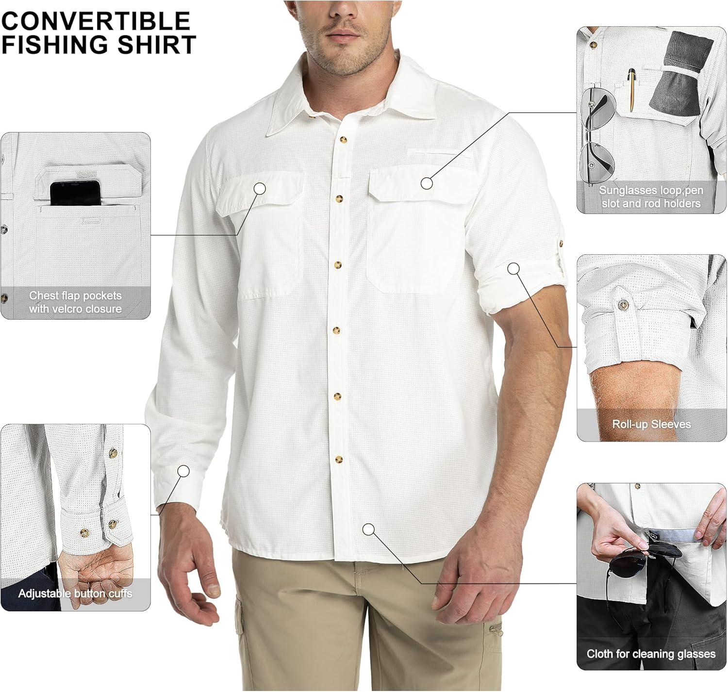 Outdoor Ventures Men’s UPF 50+ UV Sun Protection Shirt, Long Sleeve Hiking Fishing Shirt Cooling Quick Dry for Safari Travel(White)