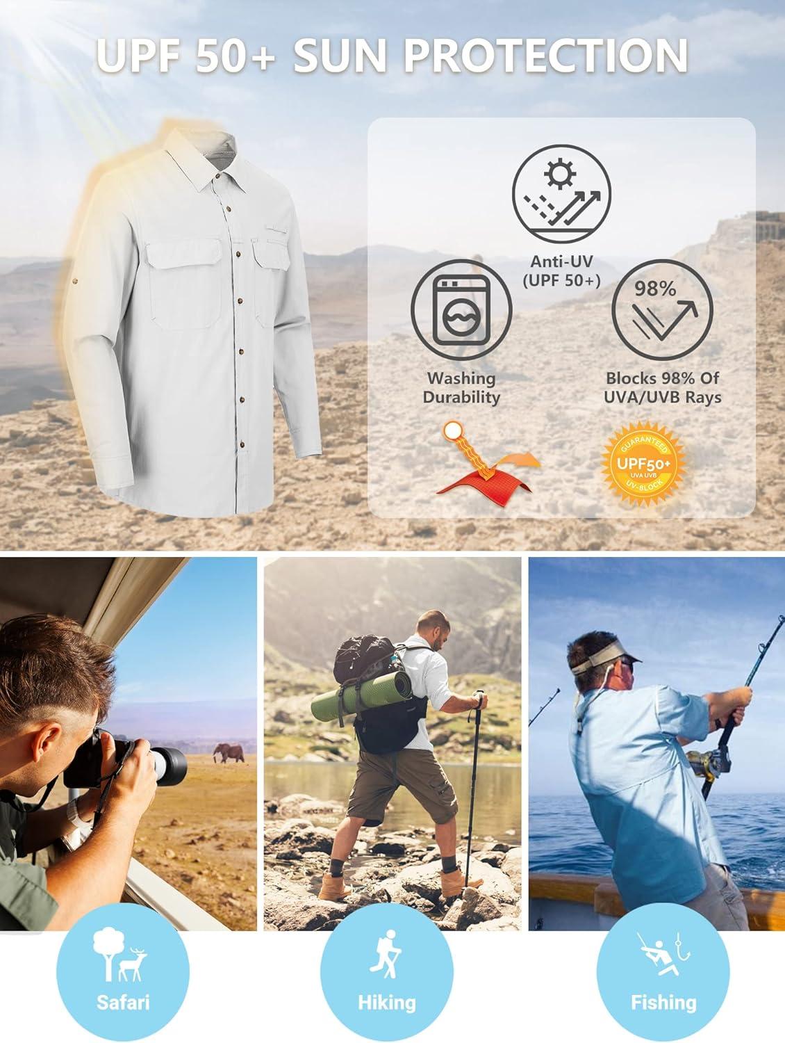 Outdoor Ventures Men’s UPF 50+ UV Sun Protection Shirt, Long Sleeve Hiking Fishing Shirt Cooling Quick Dry for Safari Travel(White)