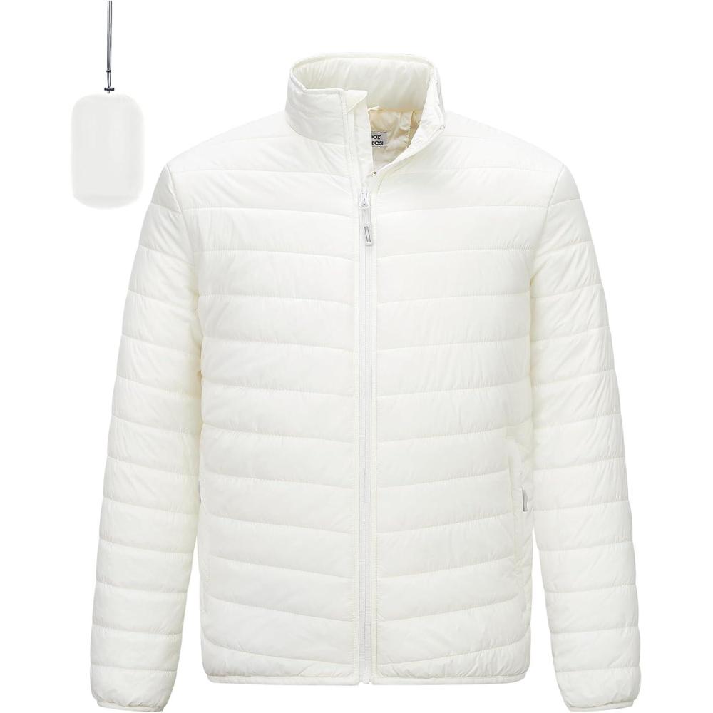 Outdoor Ventures Men’s Lightweight Packable Puffer Winter Jacket Insulated Puffy Coat for Snow Ski Hiking Travel(Cream(fold in Pocket Or Bag))