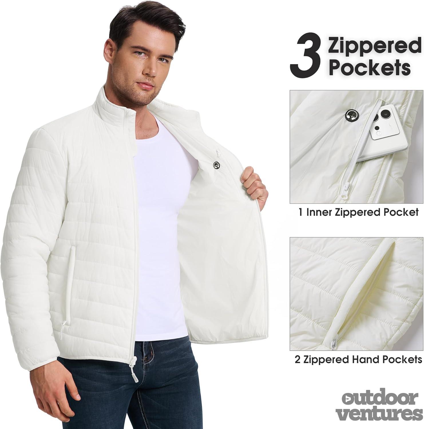 Outdoor Ventures Men’s Lightweight Packable Puffer Winter Jacket Insulated Puffy Coat for Snow Ski Hiking Travel(Cream(fold in Pocket Or Bag))