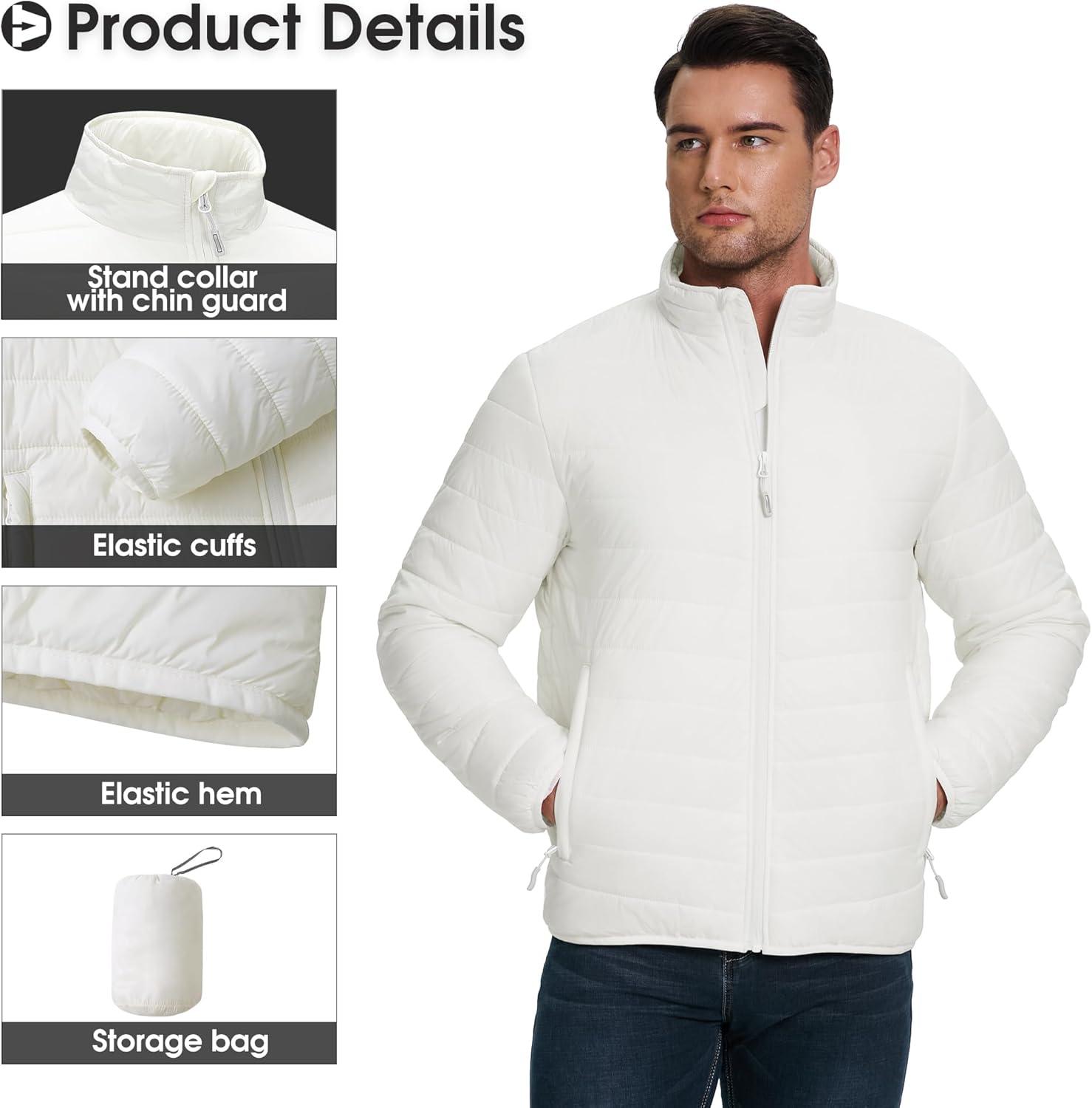 Outdoor Ventures Men’s Lightweight Packable Puffer Winter Jacket Insulated Puffy Coat for Snow Ski Hiking Travel(Cream(fold in Pocket Or Bag))